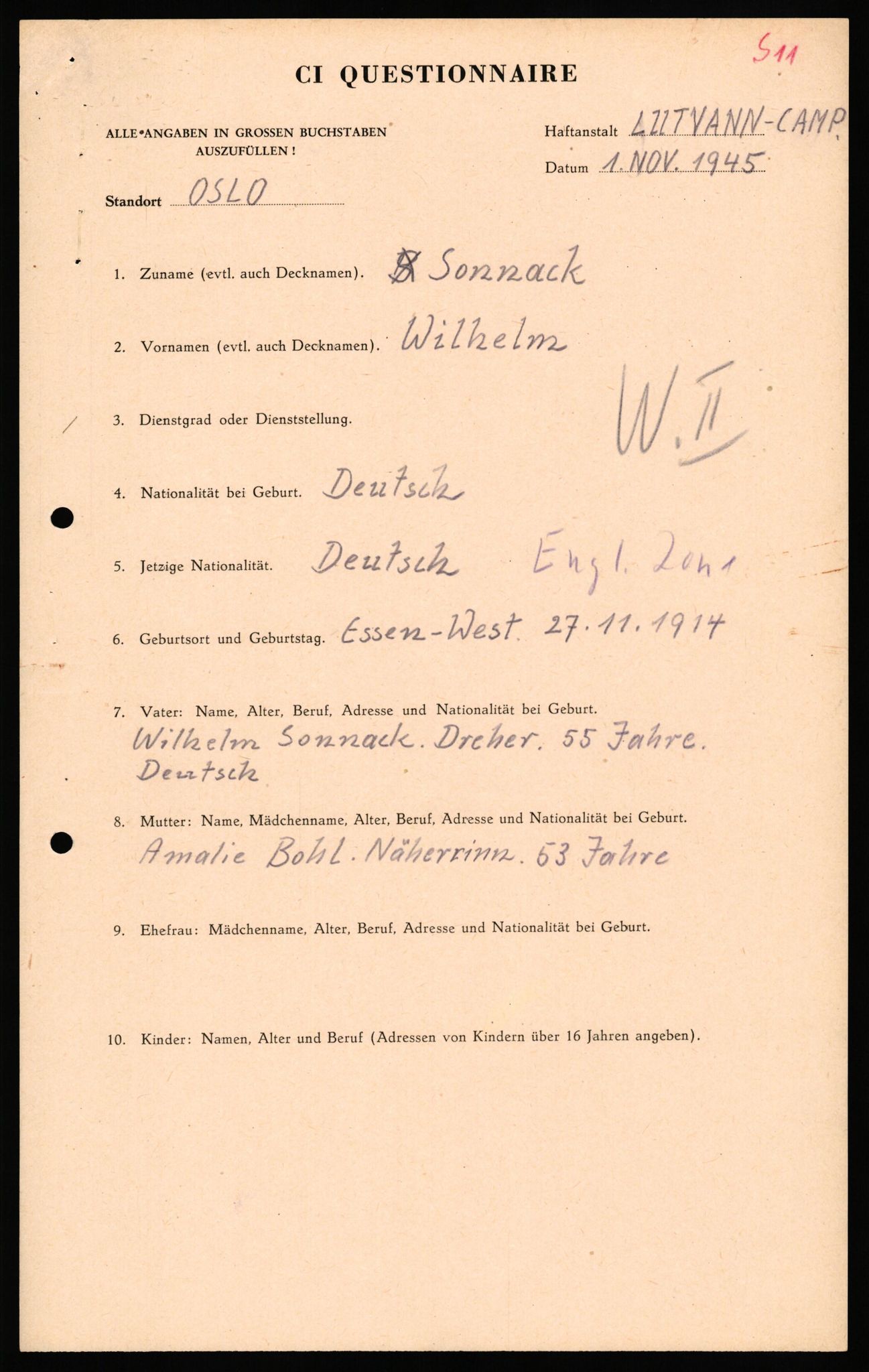 Forsvaret, Forsvarets overkommando II, RA/RAFA-3915/D/Db/L0032: CI Questionaires. Tyske okkupasjonsstyrker i Norge. Tyskere., 1945-1946, s. 169