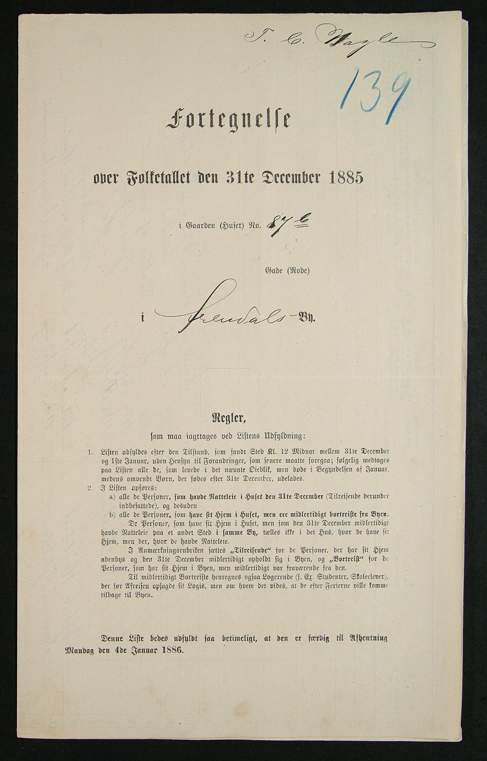 SAK, Folketelling 1885 for 0903 Arendal kjøpstad, 1885, s. 139