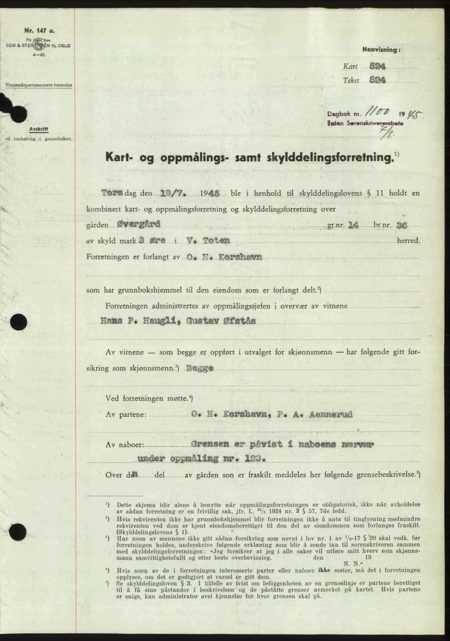 Toten tingrett, SAH/TING-006/H/Hb/Hbc/L0013: Pantebok nr. Hbc-13, 1945-1945, Dagboknr: 1100/1945