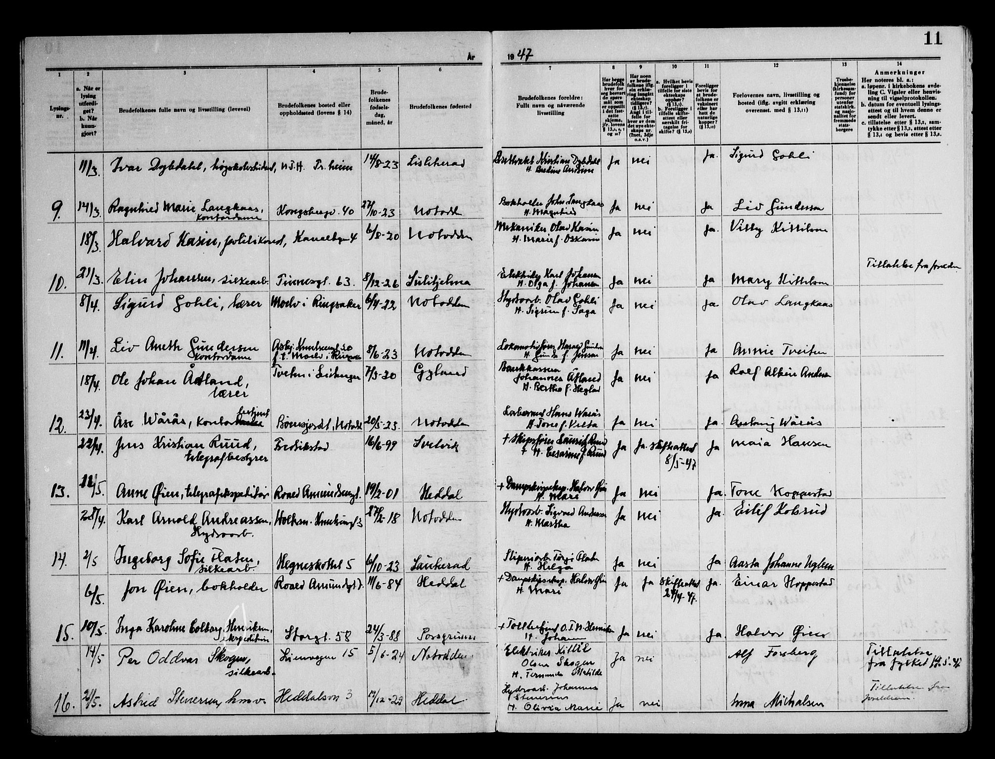 Notodden kirkebøker, SAKO/A-290/H/Ha/L0002: Lysningsprotokoll nr. 2, 1946-1958, s. 11