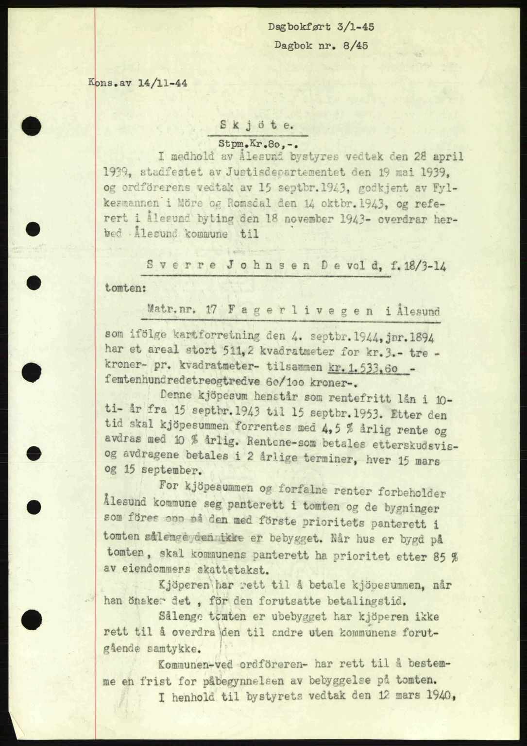 Ålesund byfogd, AV/SAT-A-4384: Pantebok nr. 36a, 1944-1945, Dagboknr: 8/1945