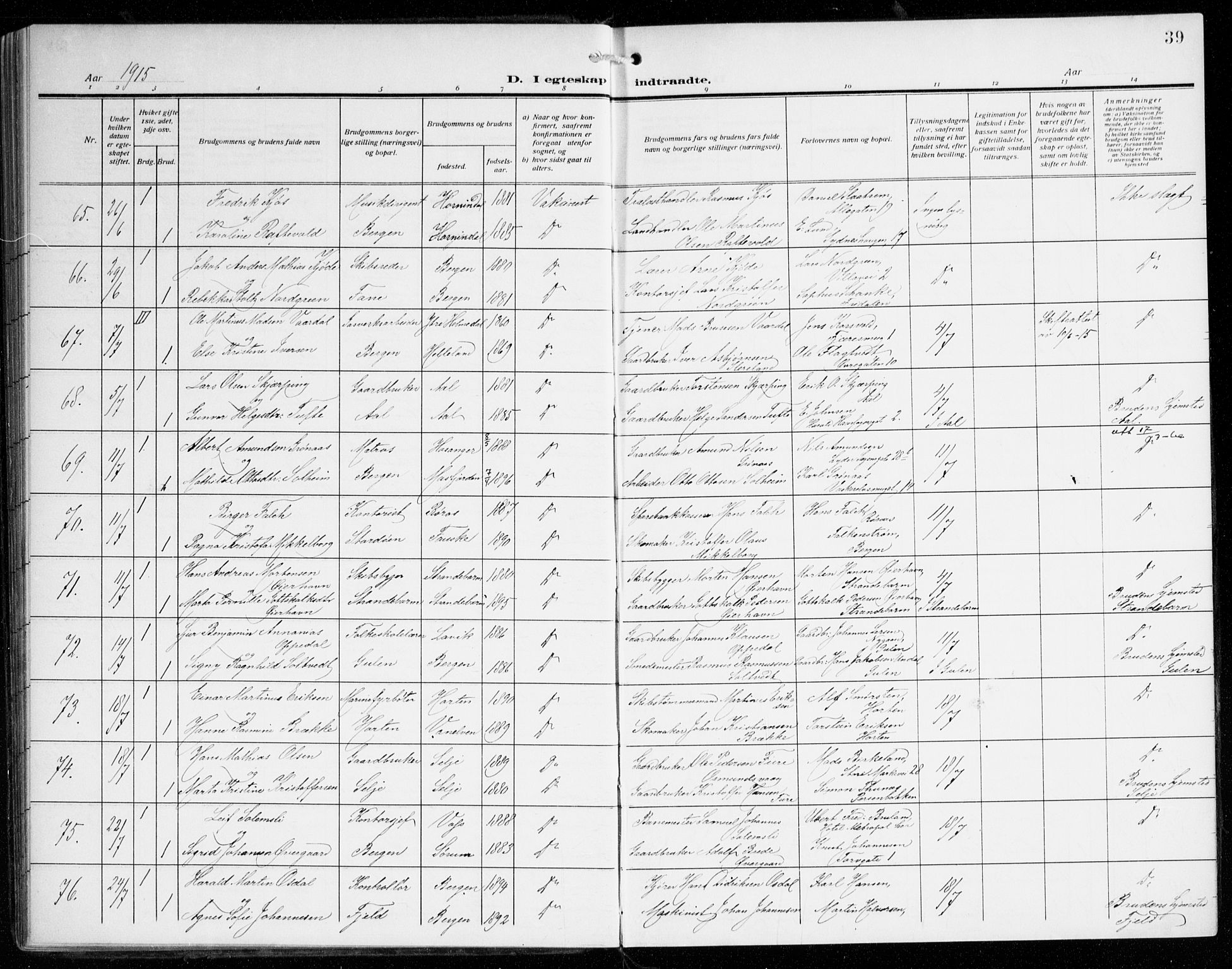 Johanneskirken sokneprestembete, AV/SAB-A-76001/H/Haa/L0013: Ministerialbok nr. D 2, 1912-1929, s. 39