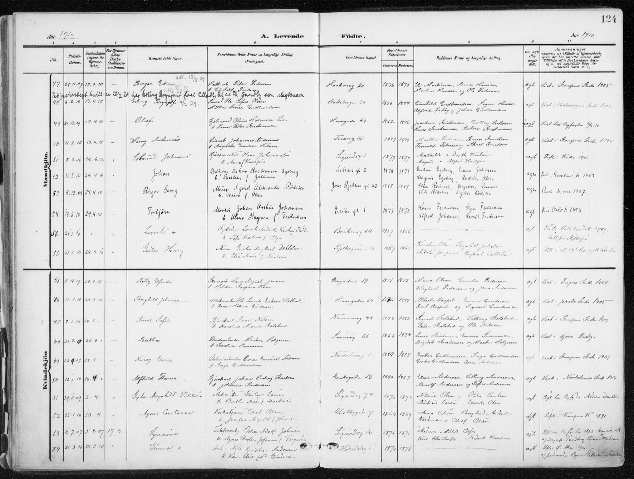 Kampen prestekontor Kirkebøker, AV/SAO-A-10853/F/Fa/L0010: Ministerialbok nr. I 10, 1905-1917, s. 124