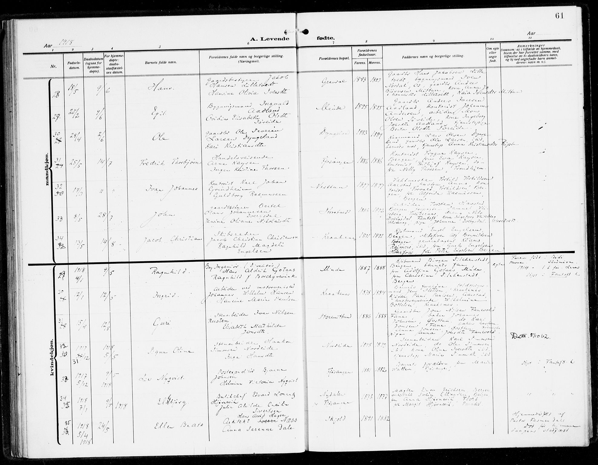 Fana Sokneprestembete, AV/SAB-A-75101/H/Haa/Haai/L0004: Ministerialbok nr. I 4, 1912-1933, s. 61