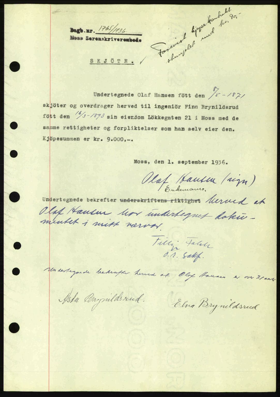 Moss sorenskriveri, SAO/A-10168: Pantebok nr. A1, 1936-1936, Dagboknr: 1765/1936