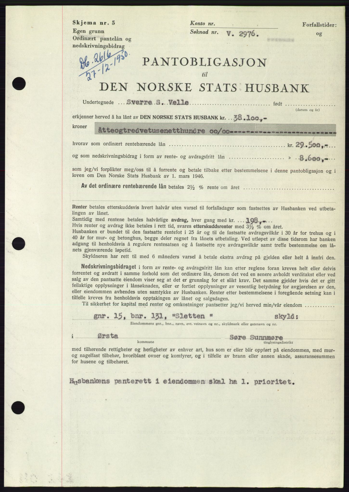 Søre Sunnmøre sorenskriveri, SAT/A-4122/1/2/2C/L0119: Pantebok nr. 7B, 1950-1951, Dagboknr: 2616/1950