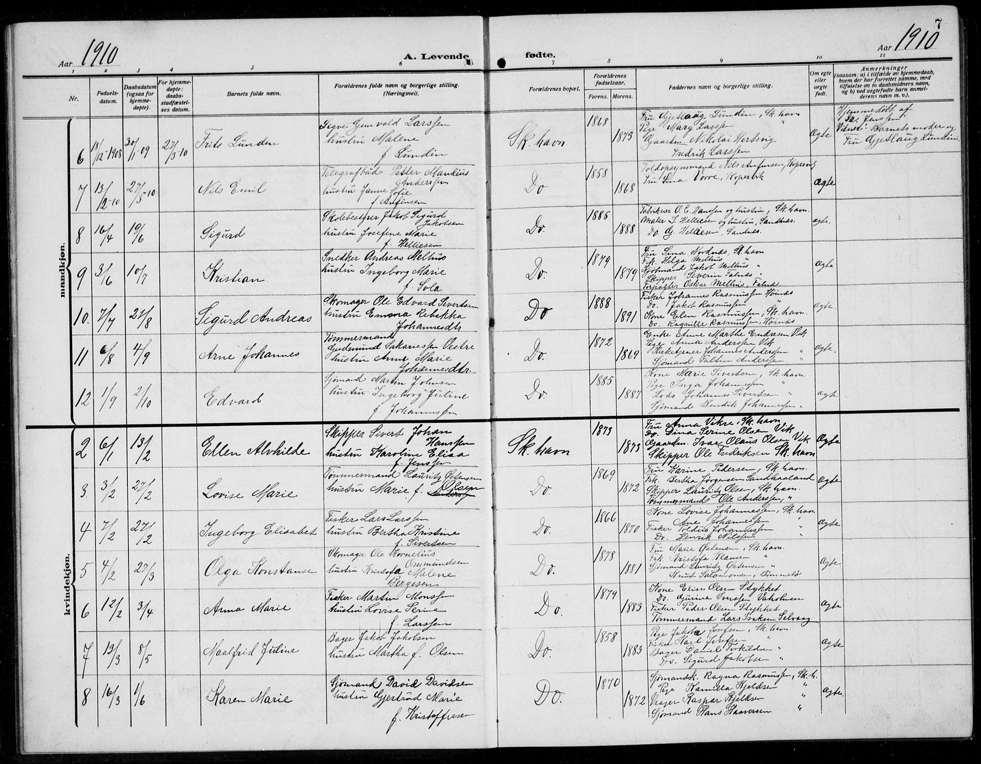 Skudenes sokneprestkontor, AV/SAST-A -101849/H/Ha/Hab/L0010: Klokkerbok nr. B 10, 1908-1936, s. 7