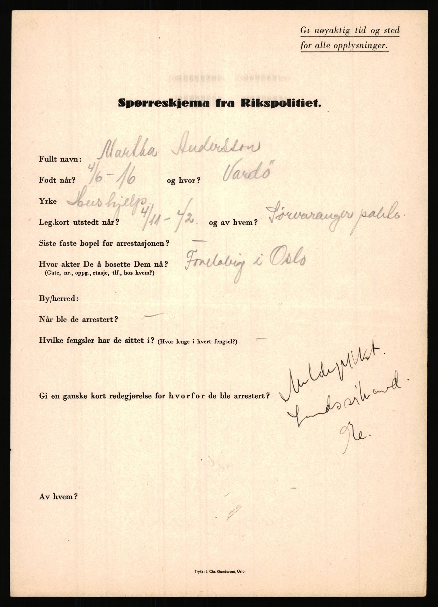 Rikspolitisjefen, AV/RA-S-1560/L/L0001: Abelseth, Rudolf - Berentsen, Odd, 1940-1945, s. 495