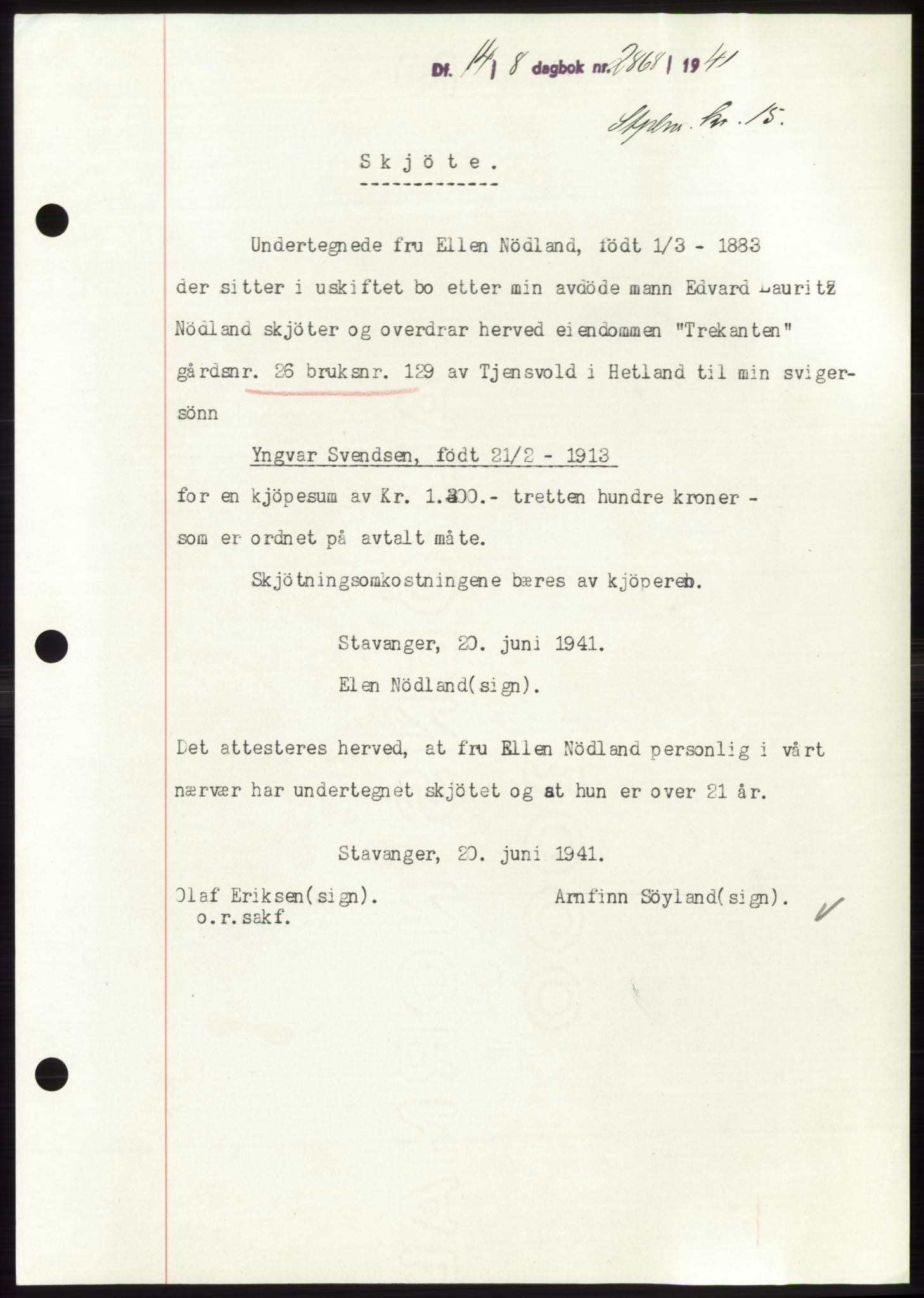 Jæren sorenskriveri, SAST/A-100310/03/G/Gba/L0080: Pantebok, 1941-1941, Dagboknr: 2868/1941