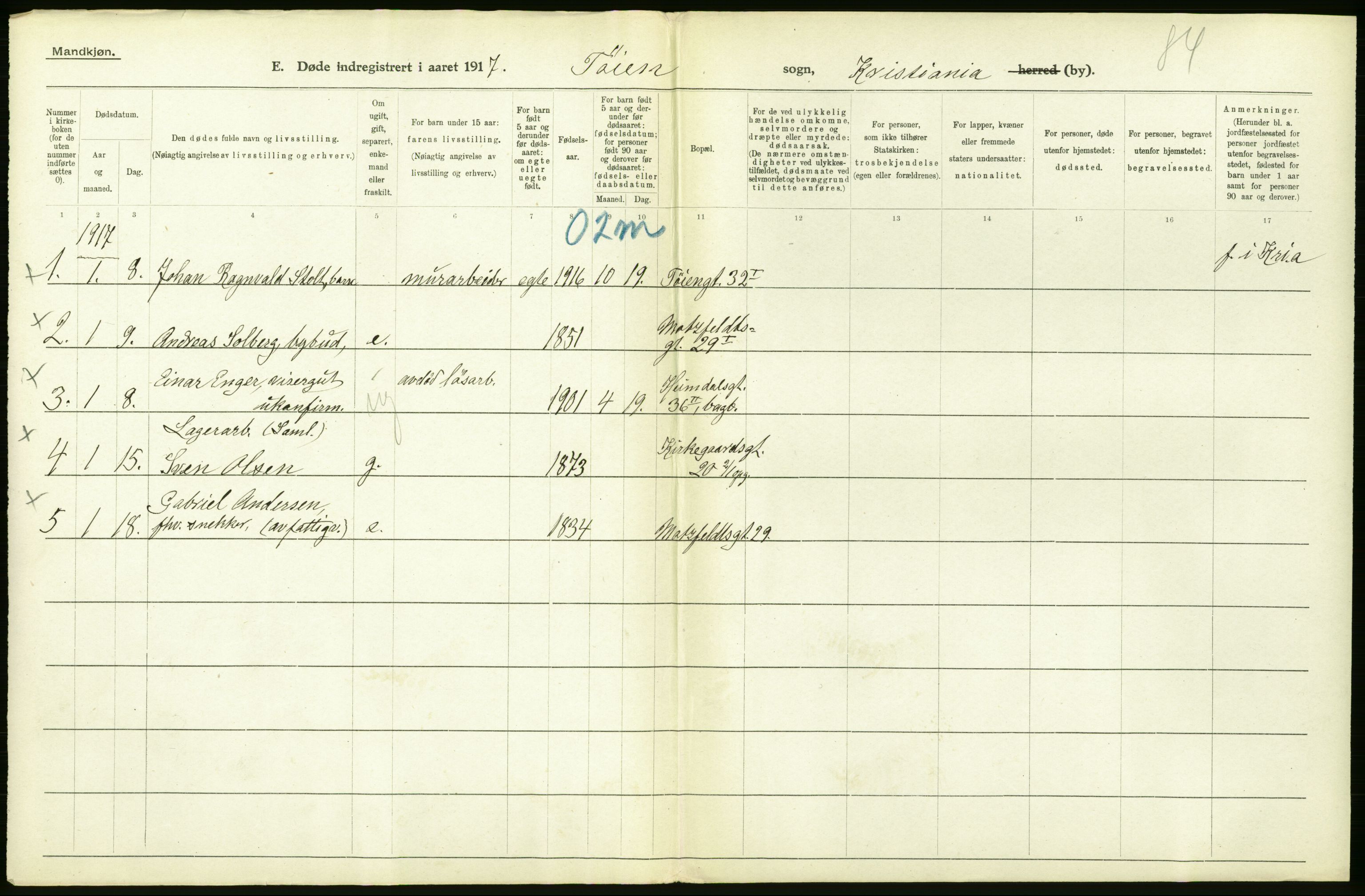 Statistisk sentralbyrå, Sosiodemografiske emner, Befolkning, RA/S-2228/D/Df/Dfb/Dfbg/L0011: Kristiania: Døde, dødfødte., 1917, s. 58