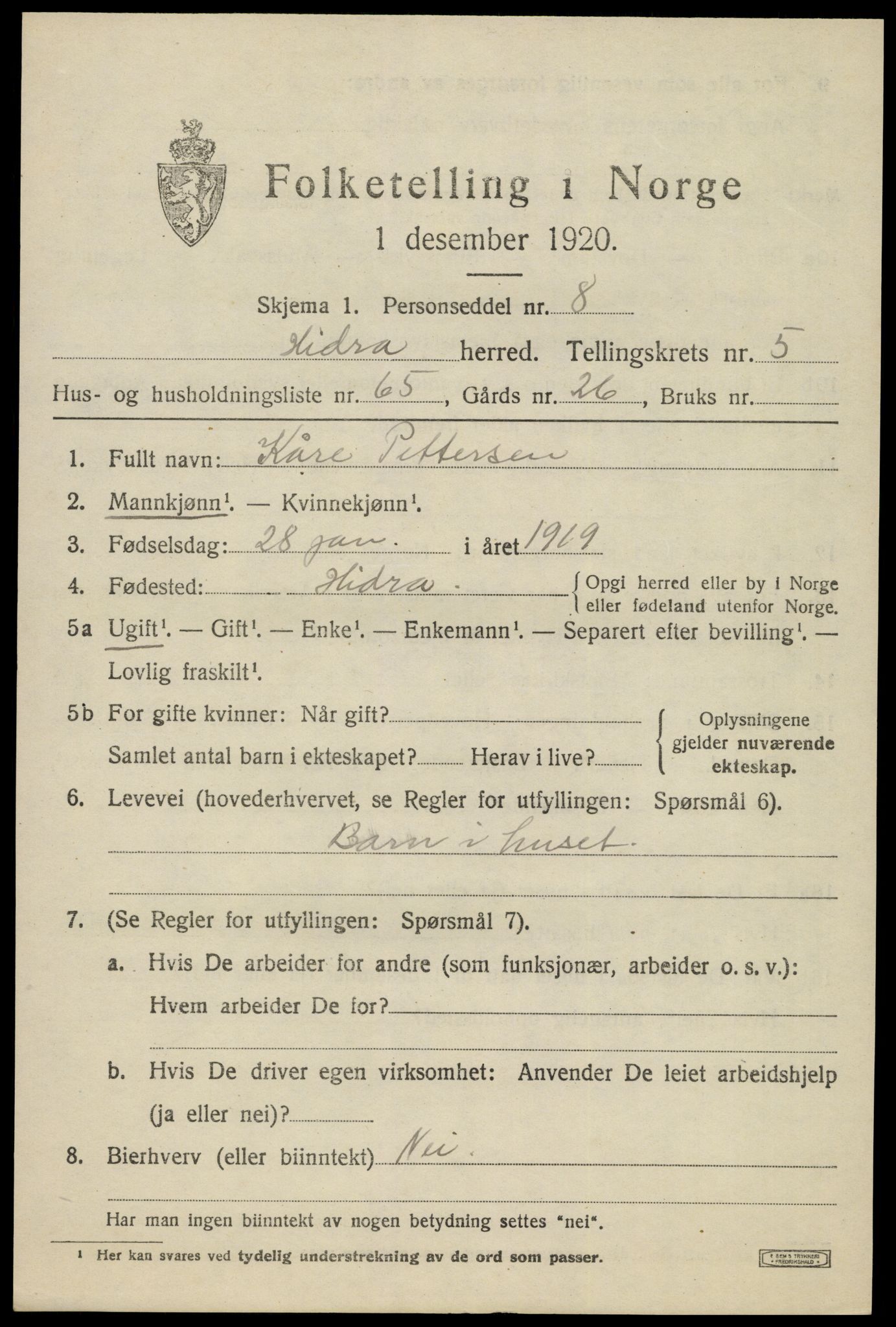 SAK, Folketelling 1920 for 1042 Hidra herred, 1920, s. 4078