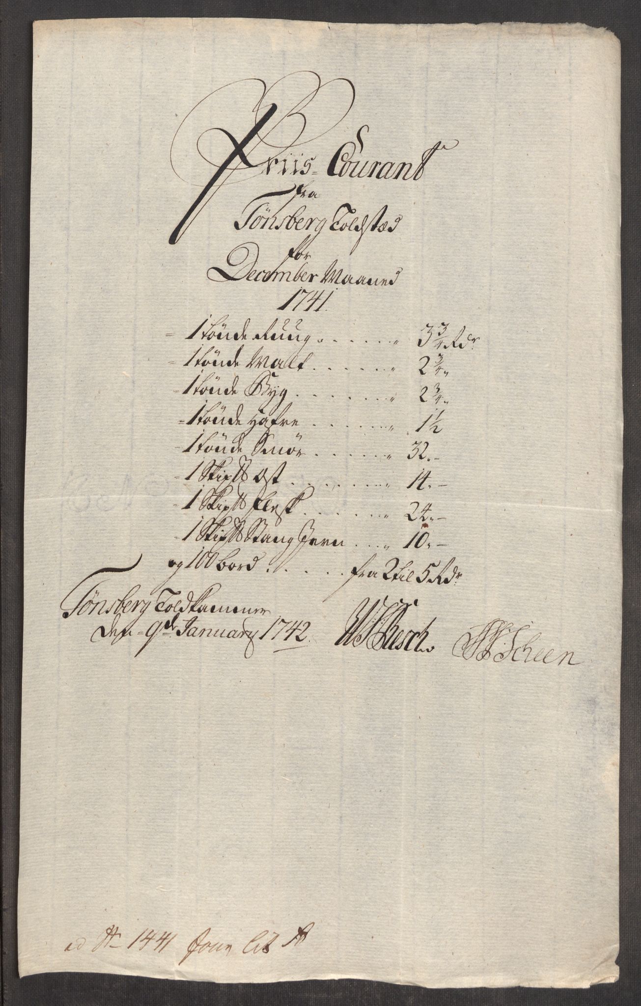 Rentekammeret inntil 1814, Realistisk ordnet avdeling, AV/RA-EA-4070/Oe/L0002: [Ø1]: Priskuranter, 1740-1744, s. 285