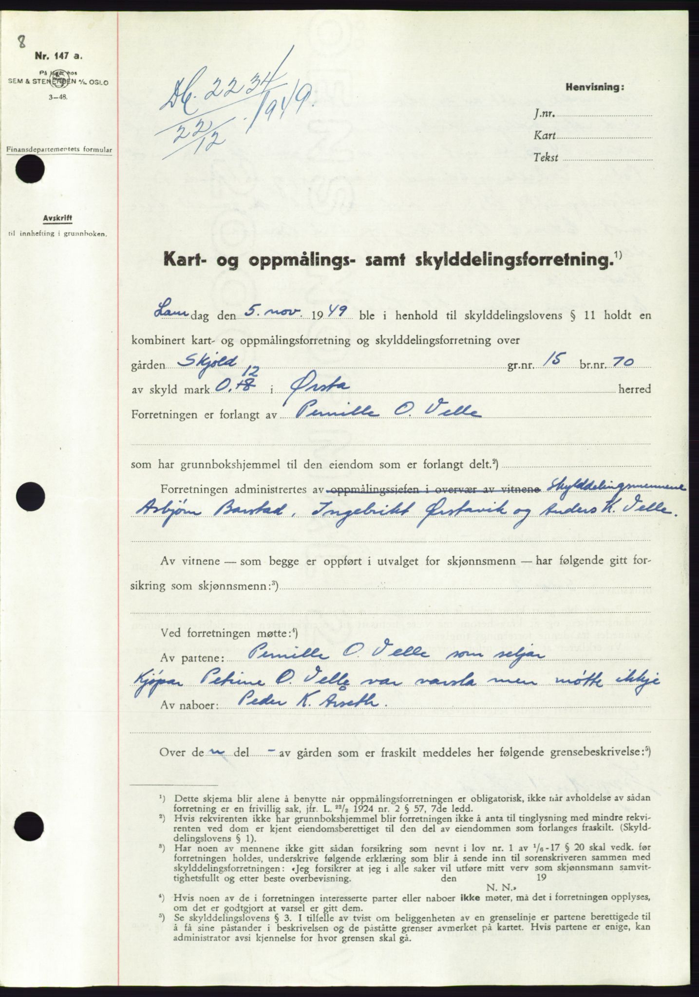 Søre Sunnmøre sorenskriveri, SAT/A-4122/1/2/2C/L0085: Pantebok nr. 11A, 1949-1949, Dagboknr: 2234/1949