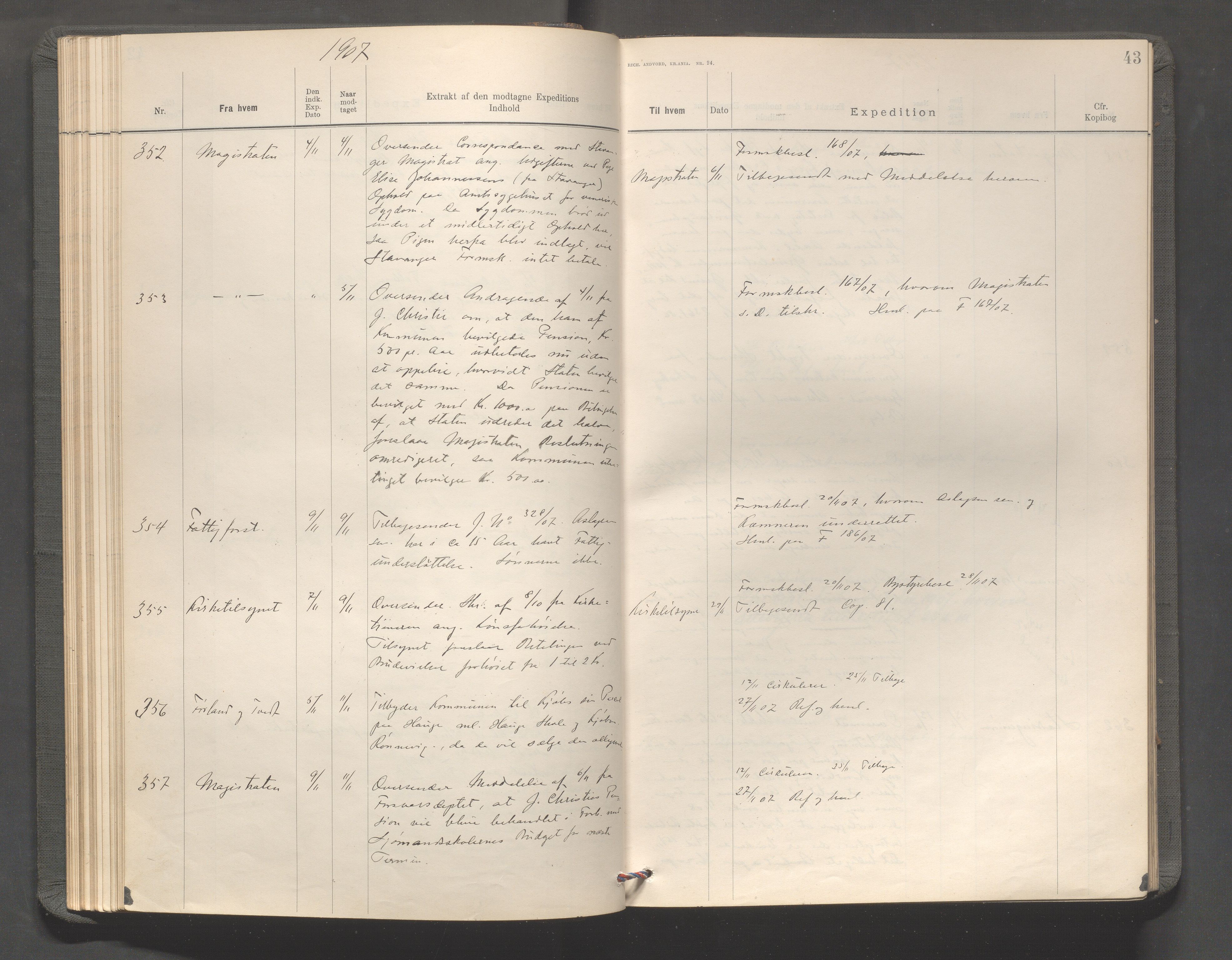 Haugesund kommune - Formannskapet, IKAR/X-0001/C/L0003: Journal, 1907-1910, s. 43