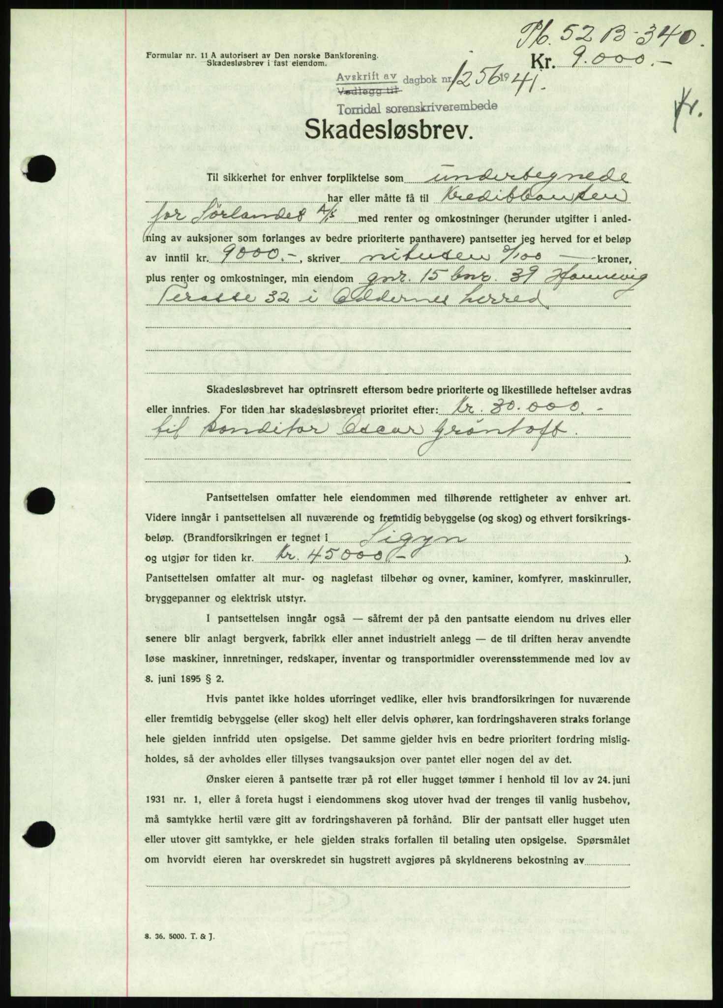 Torridal sorenskriveri, SAK/1221-0012/G/Gb/Gbb/L0008: Pantebok nr. 52b, 1940-1942, Dagboknr: 1256/1941