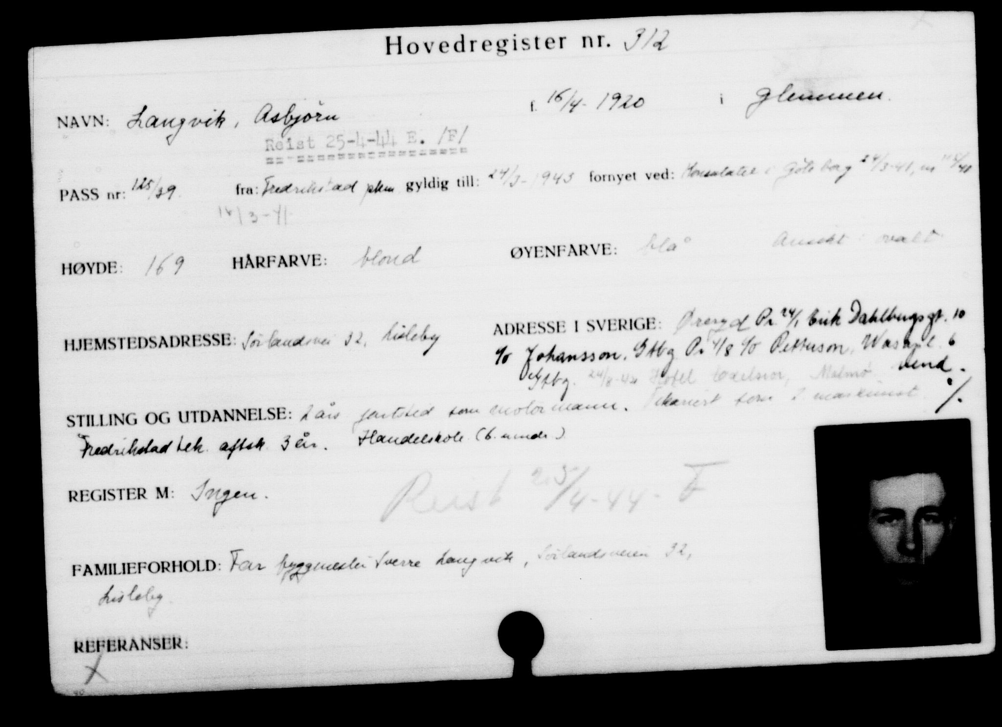 Utenriksstasjonene, Legasjonen i Stockholm, Flyktningkontoret, AV/RA-S-6753/V/Va/L0001: Kjesäterkartoteket, flyktninger med registreringsnr. 1-1000, 1940-1945, s. 499