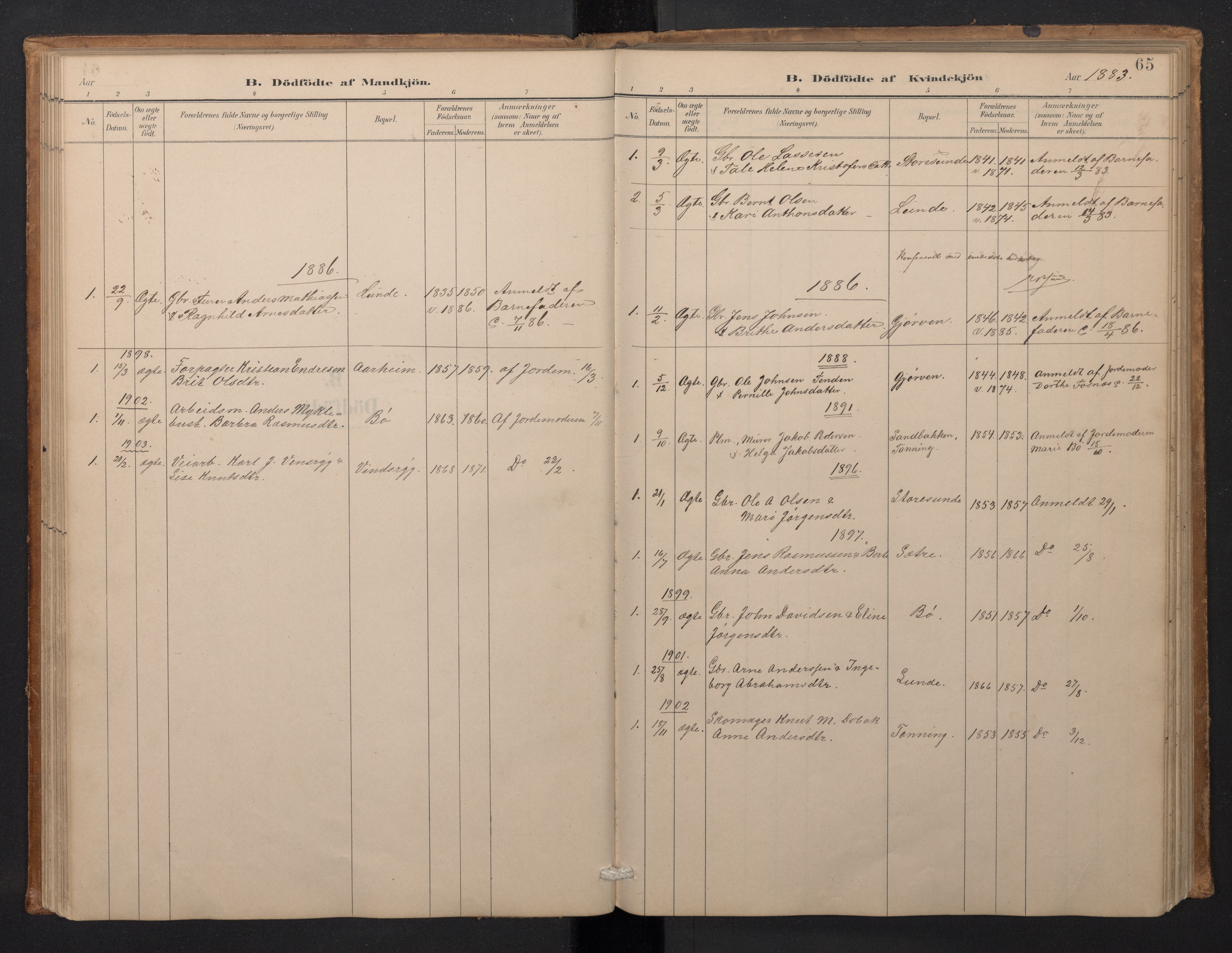 Stryn Sokneprestembete, SAB/A-82501: Klokkerbok nr. A 2, 1883-1905, s. 64b-65a