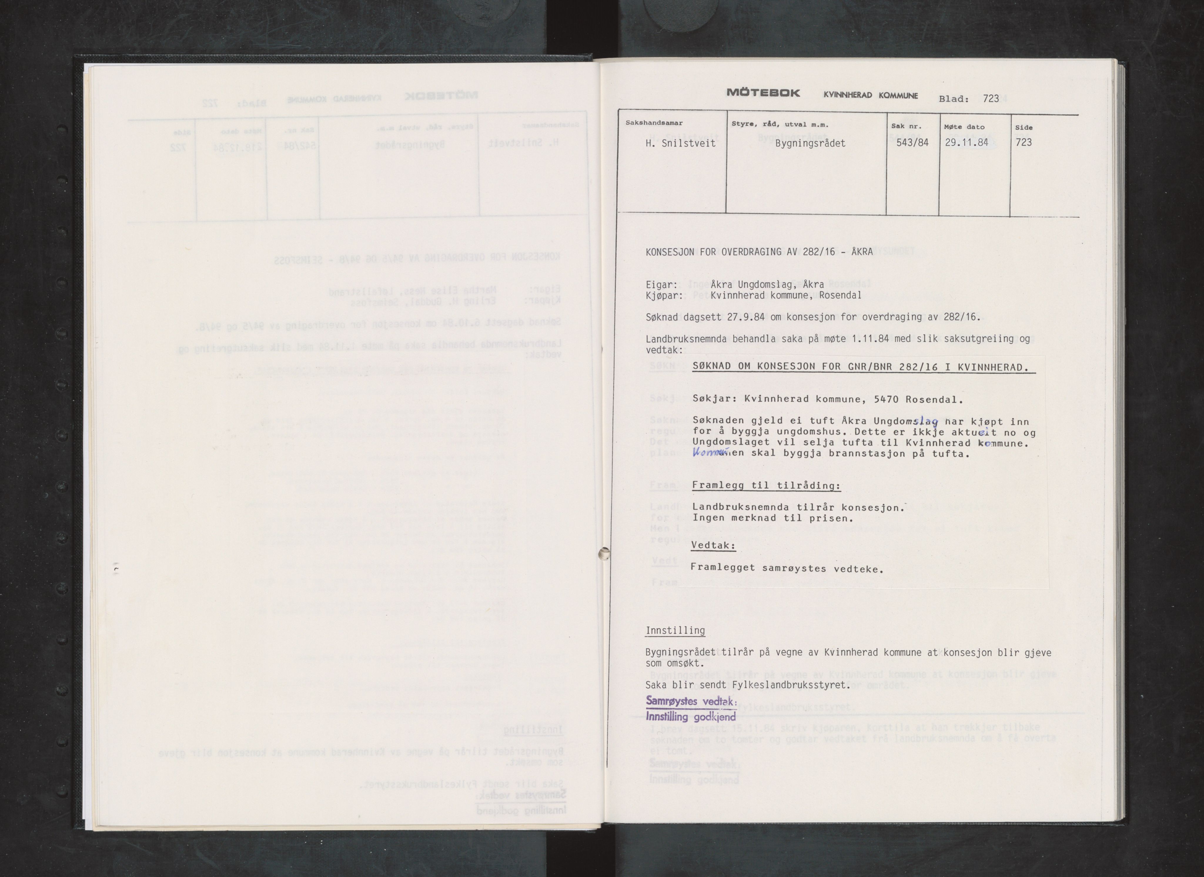 Kvinnherad kommune. Bygningsrådet , IKAH/1224-511/A/Aa/L0041: Møtebøker for bygningsrådet, 1984