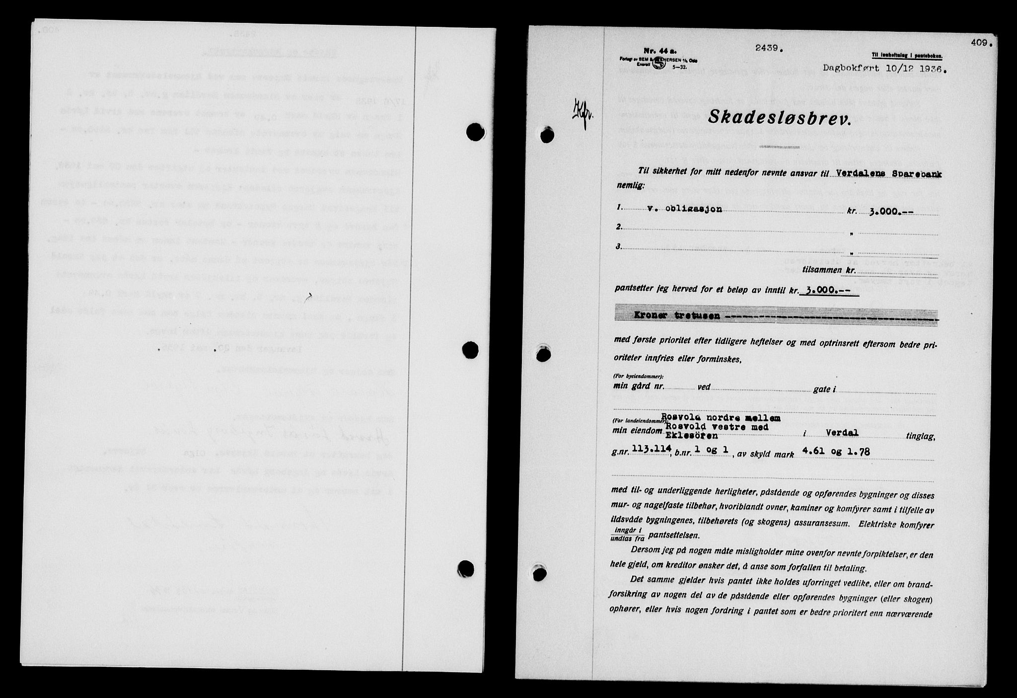 Stjør- og Verdal sorenskriveri, SAT/A-4167/1/2/2C/L0078: Pantebok nr. 46, 1936-1937, Dagboknr: 2439/1936