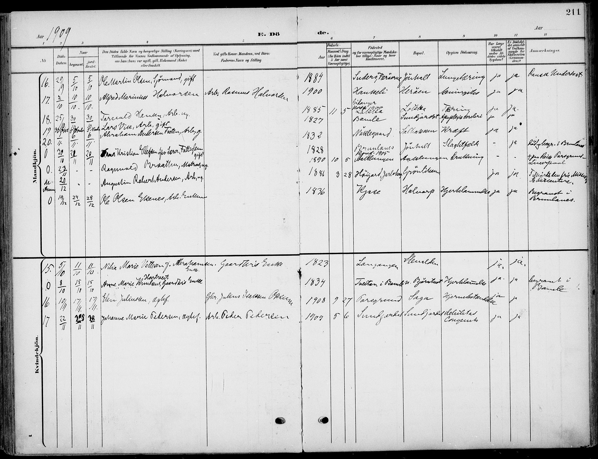 Eidanger kirkebøker, AV/SAKO-A-261/F/Fa/L0013: Ministerialbok nr. 13, 1900-1913, s. 211