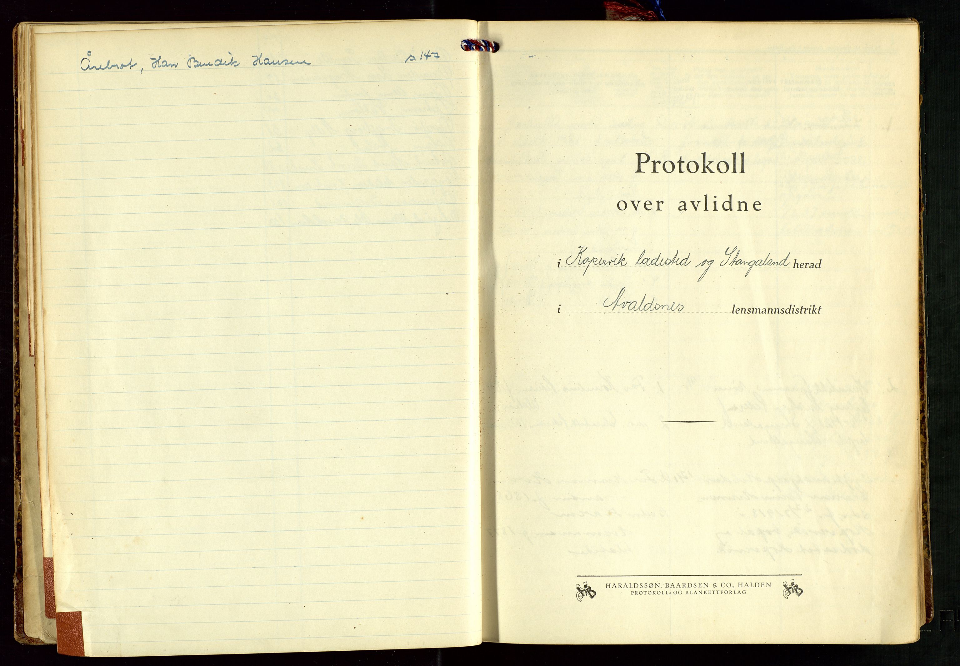 Avaldsnes lensmannskontor, AV/SAST-A-100286/Gga/L0006: Dødsfallsprotokoll for Stangaland herred og Kopervik ladested, 1937-1949