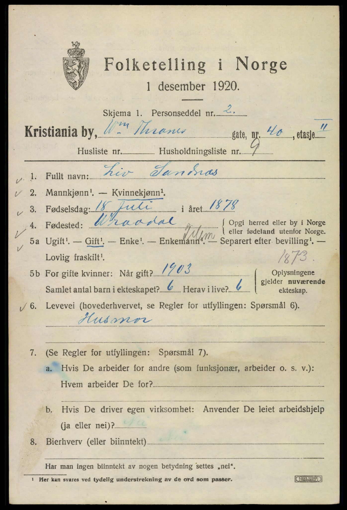 SAO, Folketelling 1920 for 0301 Kristiania kjøpstad, 1920, s. 647511