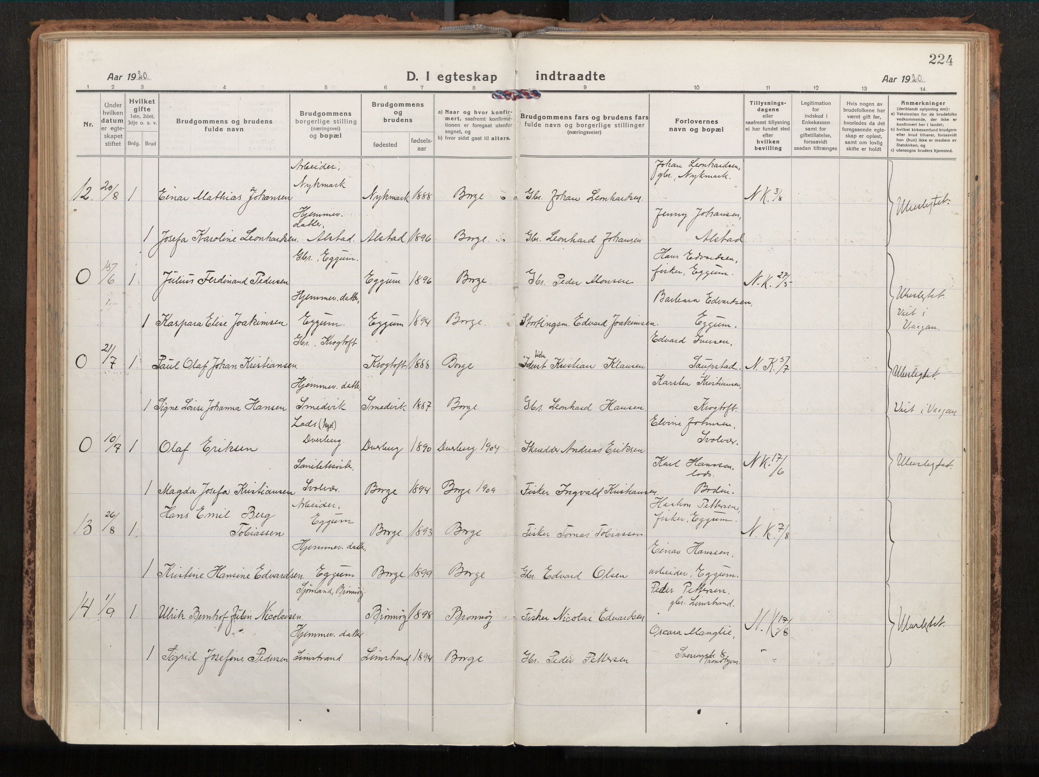 Ministerialprotokoller, klokkerbøker og fødselsregistre - Nordland, AV/SAT-A-1459/880/L1136: Ministerialbok nr. 880A10, 1919-1927, s. 224