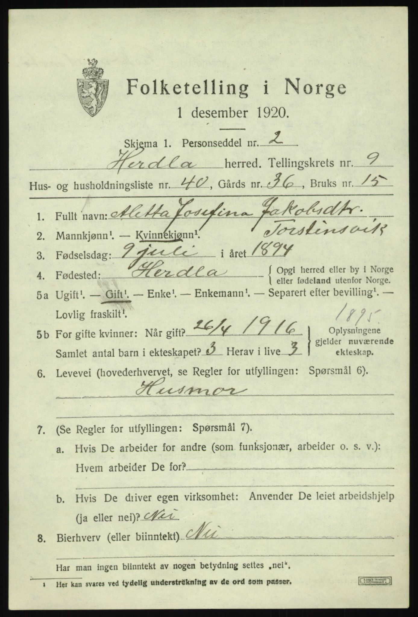 SAB, Folketelling 1920 for 1258 Herdla herred, 1920, s. 6847