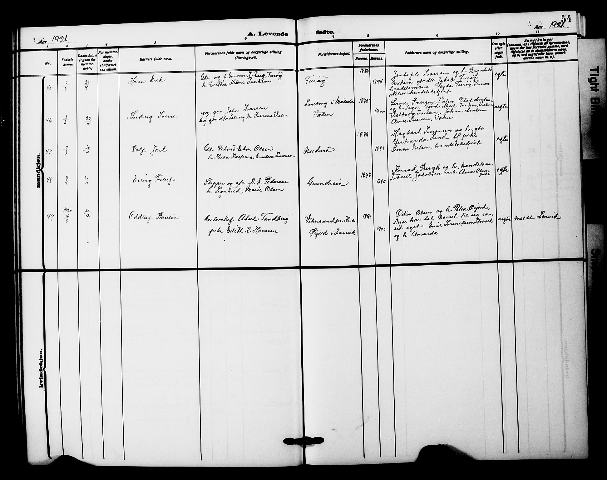 Tranøy sokneprestkontor, AV/SATØ-S-1313/I/Ia/Iab/L0023klokker: Klokkerbok nr. 23, 1913-1928, s. 54