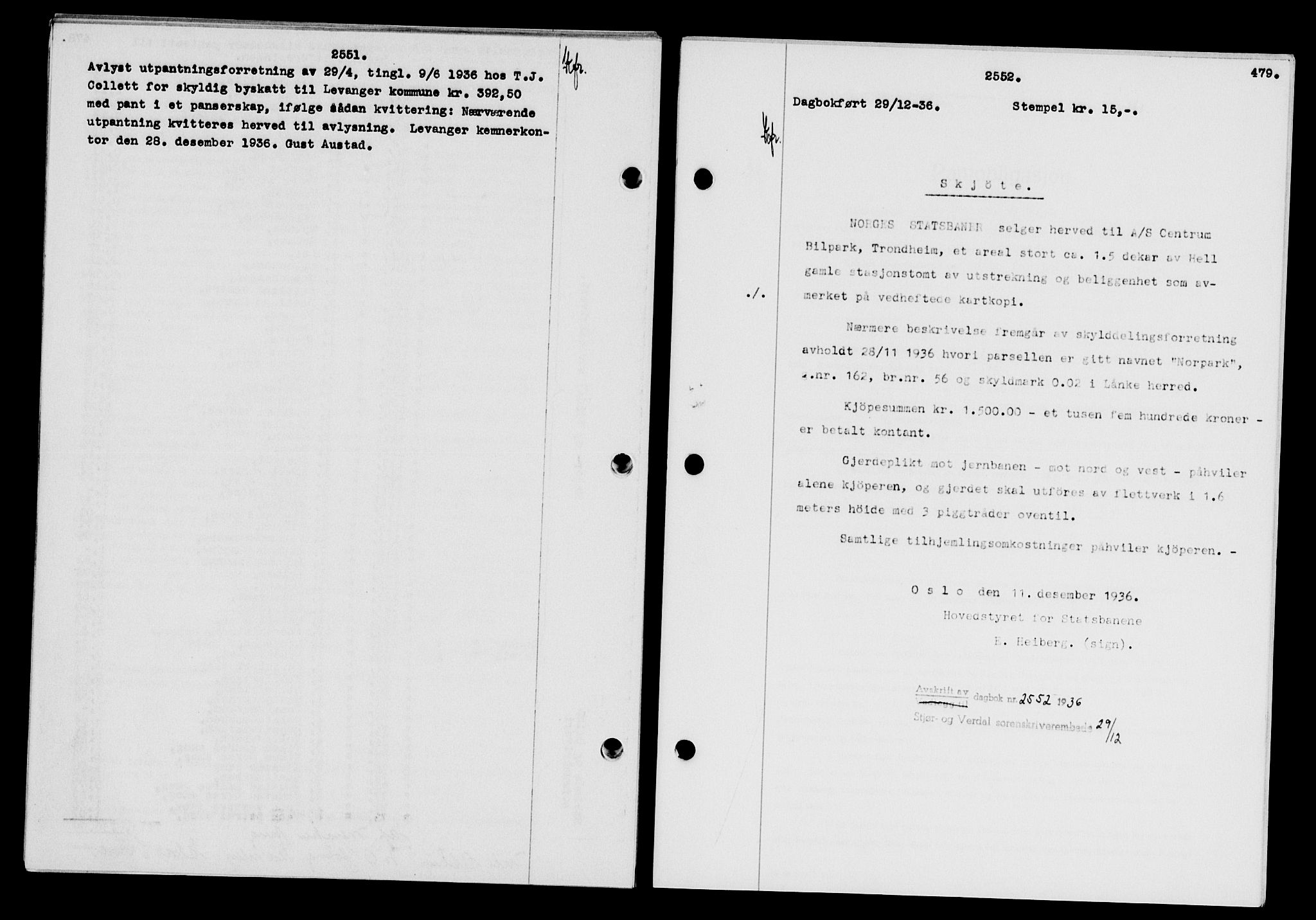 Stjør- og Verdal sorenskriveri, SAT/A-4167/1/2/2C/L0078: Pantebok nr. 46, 1936-1937, Dagboknr: 2552/1936