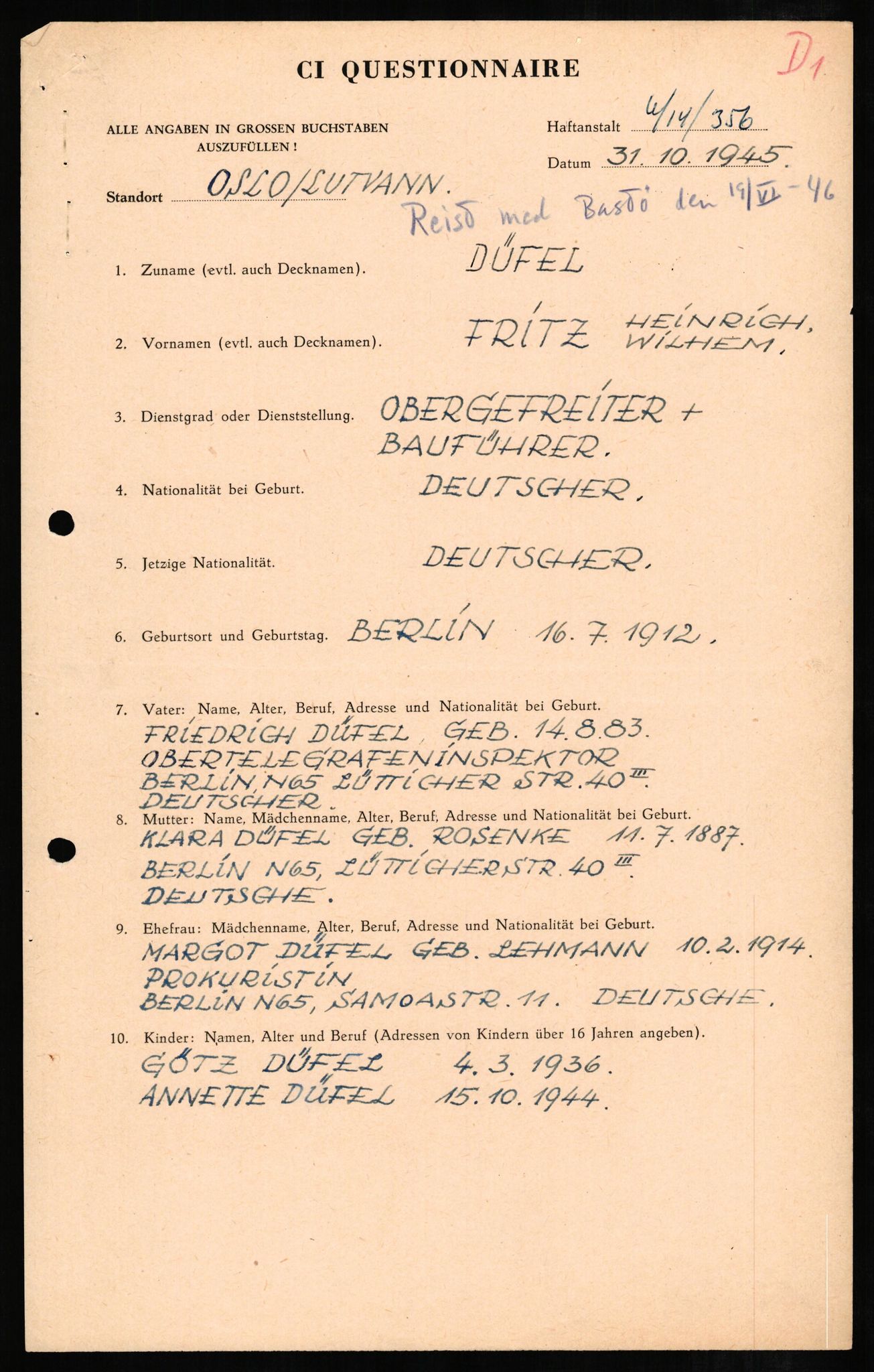 Forsvaret, Forsvarets overkommando II, AV/RA-RAFA-3915/D/Db/L0006: CI Questionaires. Tyske okkupasjonsstyrker i Norge. Tyskere., 1945-1946, s. 316