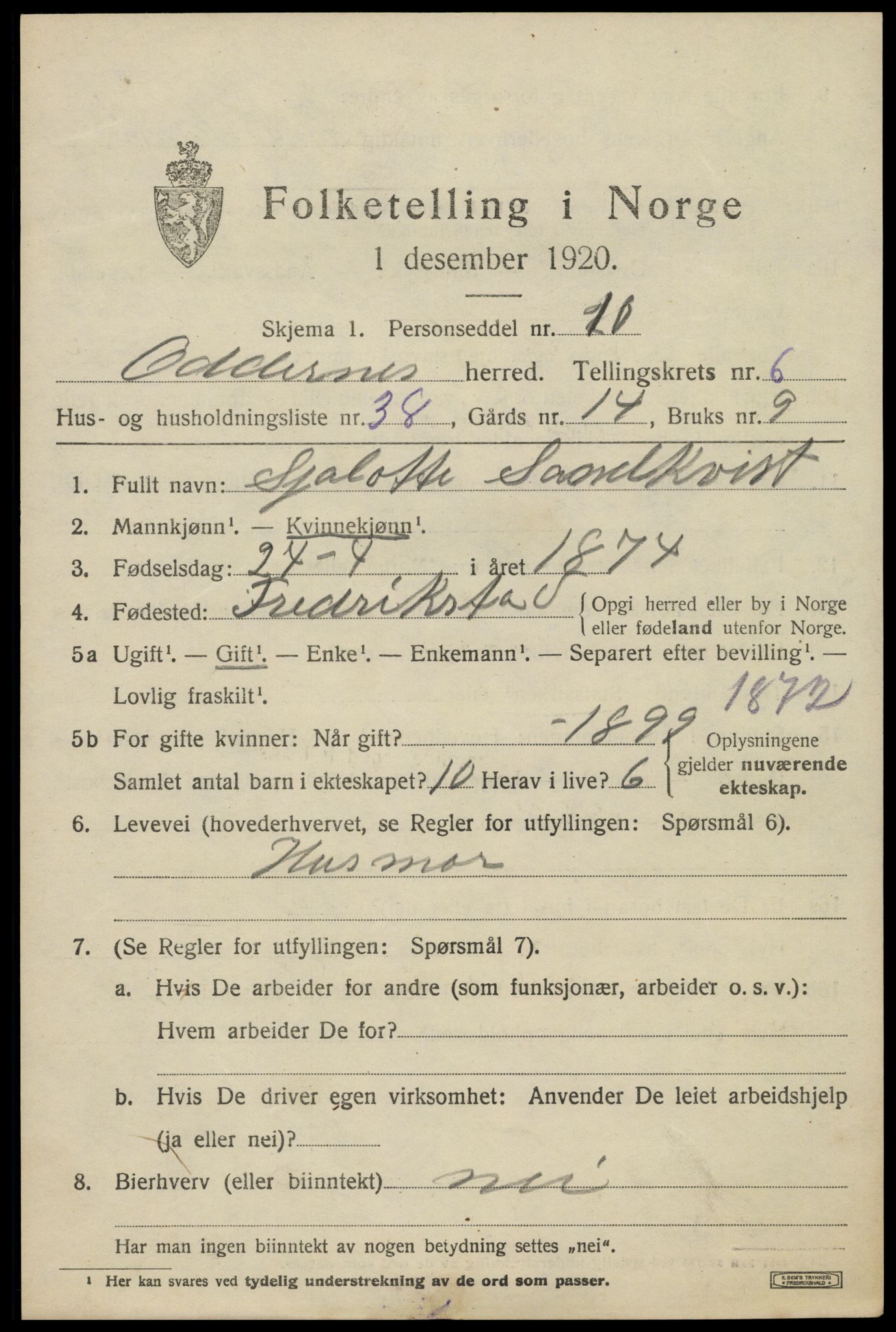 SAK, Folketelling 1920 for 1012 Oddernes herred, 1920, s. 5389