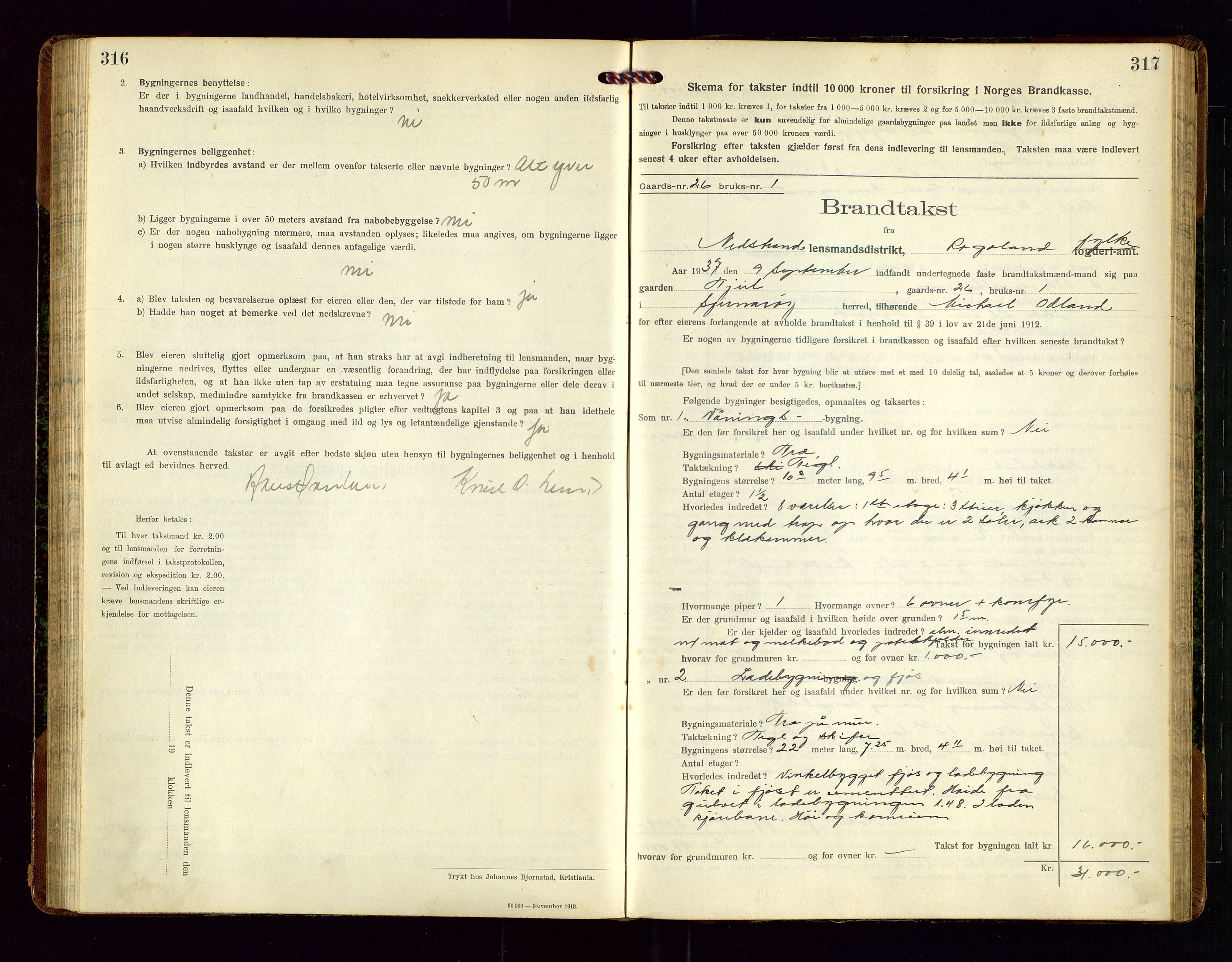 Nedstrand lensmannskontor, SAST/A-100236/Gob/L0002: "Brandtakstprotokol for Nerstrand lensmandsdistrikt Rogaland Fylke", 1916-1949, s. 316-317
