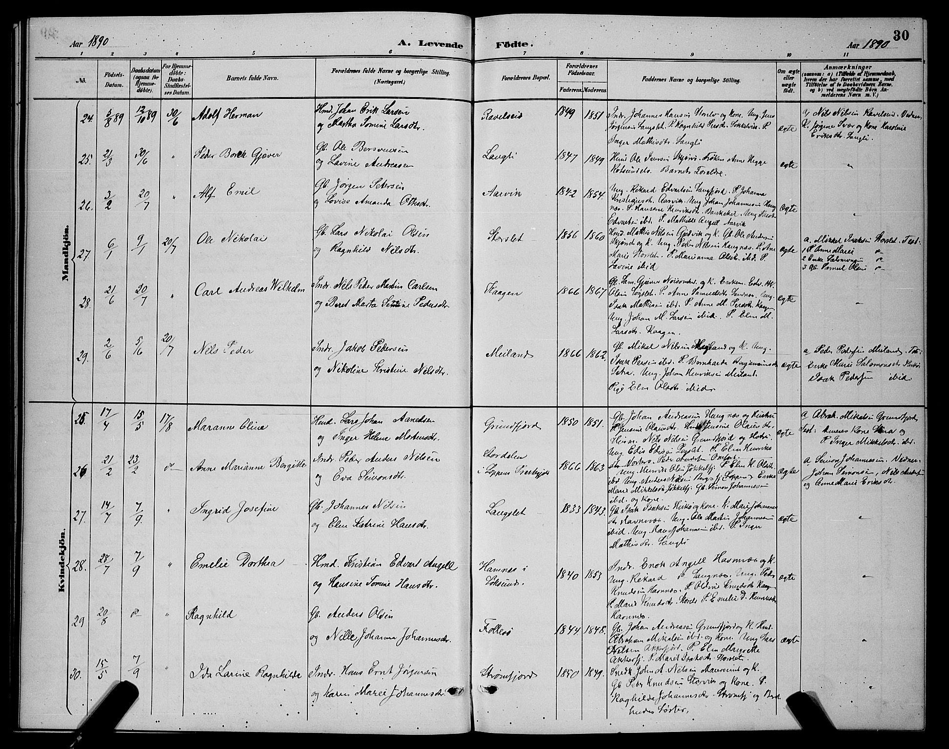 Skjervøy sokneprestkontor, AV/SATØ-S-1300/H/Ha/Hab/L0007klokker: Klokkerbok nr. 7, 1889-1899, s. 30