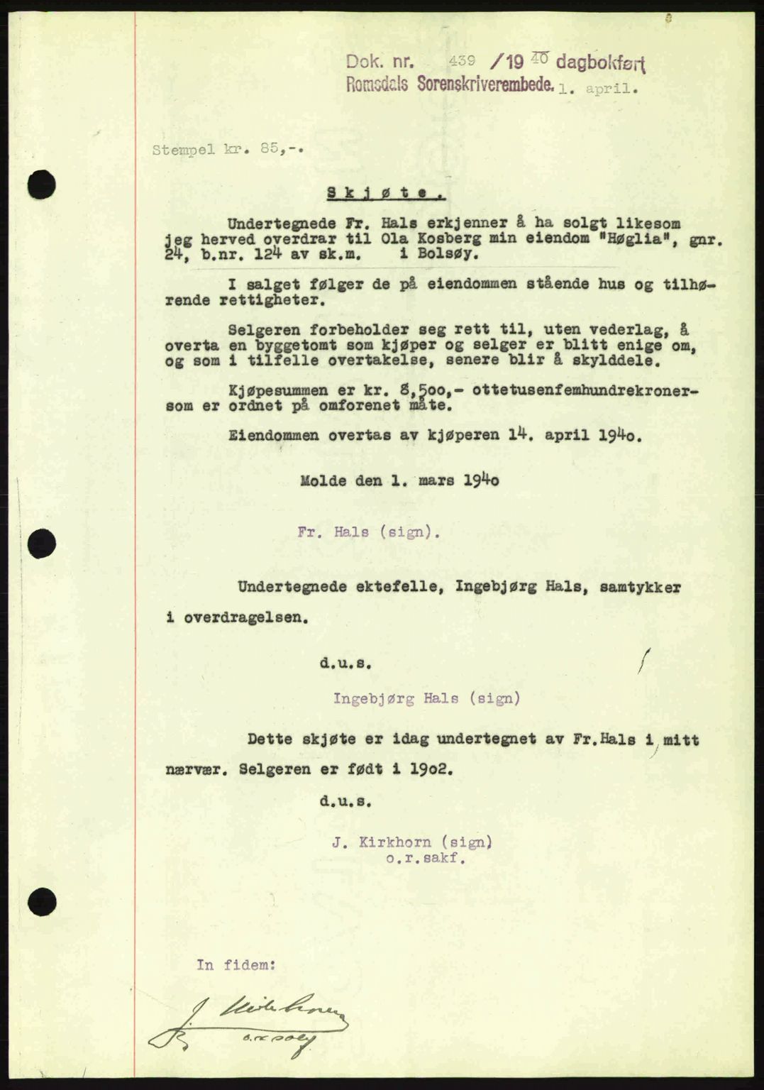 Romsdal sorenskriveri, AV/SAT-A-4149/1/2/2C: Pantebok nr. A8, 1939-1940, Dagboknr: 439/1940