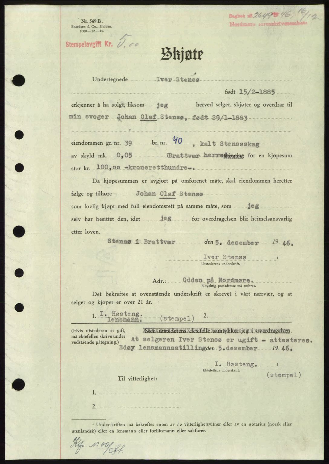 Nordmøre sorenskriveri, SAT/A-4132/1/2/2Ca: Pantebok nr. A103, 1946-1947, Dagboknr: 2649/1946