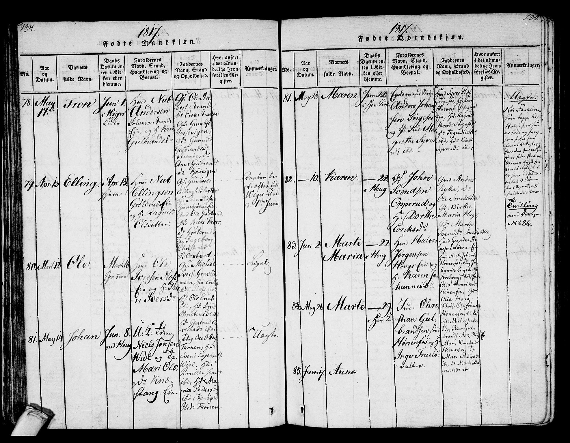 Norderhov kirkebøker, AV/SAKO-A-237/F/Fa/L0008: Ministerialbok nr. 8, 1814-1833, s. 134-135