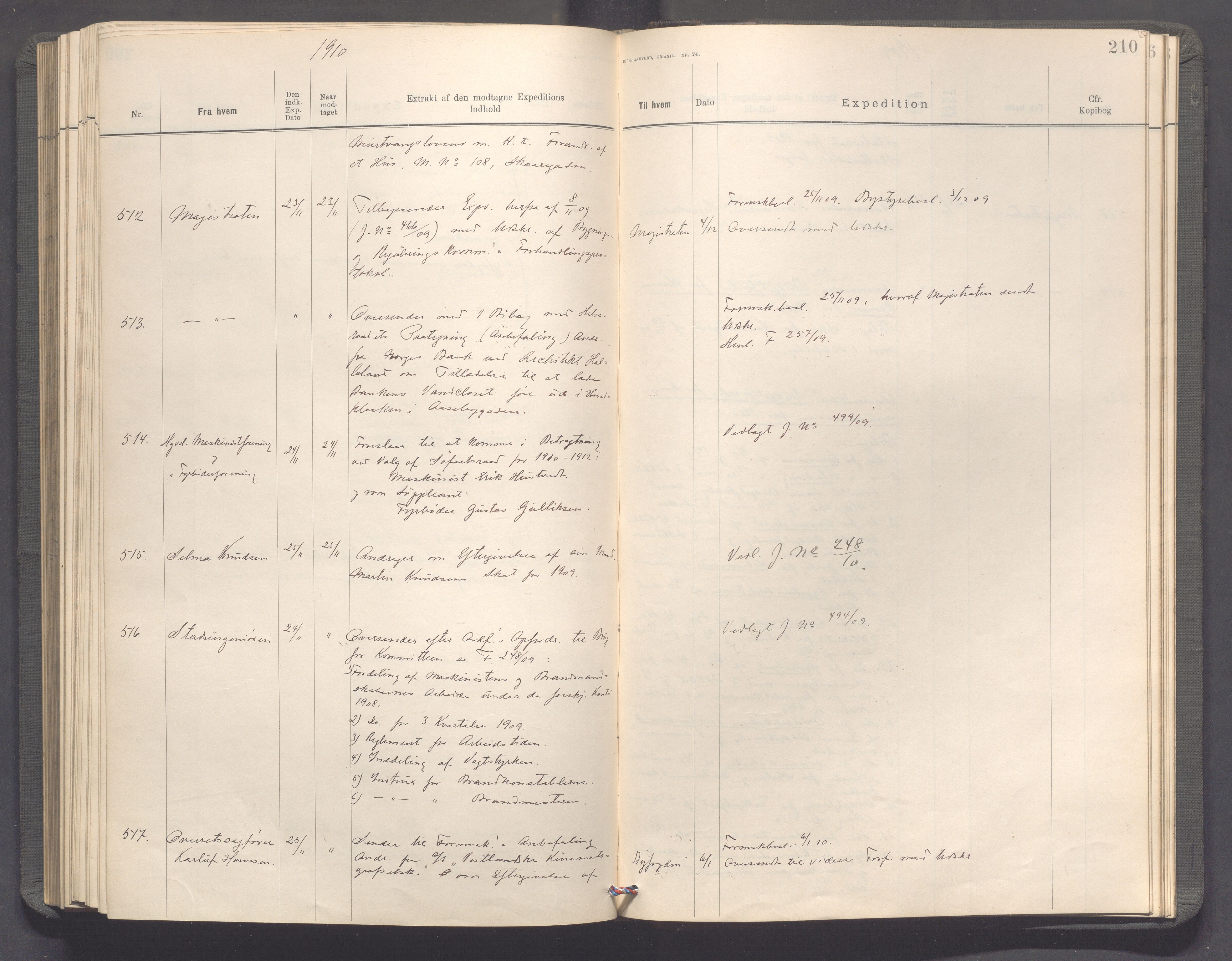 Haugesund kommune - Formannskapet, IKAR/X-0001/C/L0003: Journal, 1907-1910, s. 210