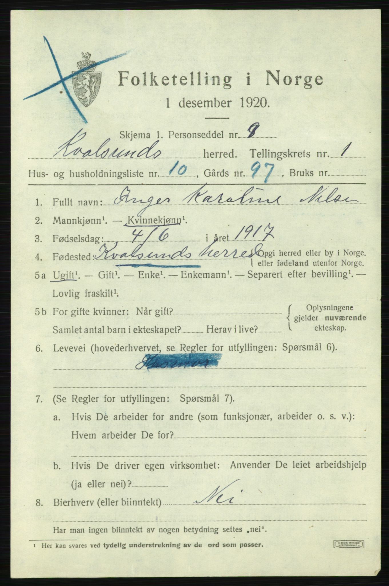 SATØ, Folketelling 1920 for 2017 Kvalsund herred, 1920, s. 606