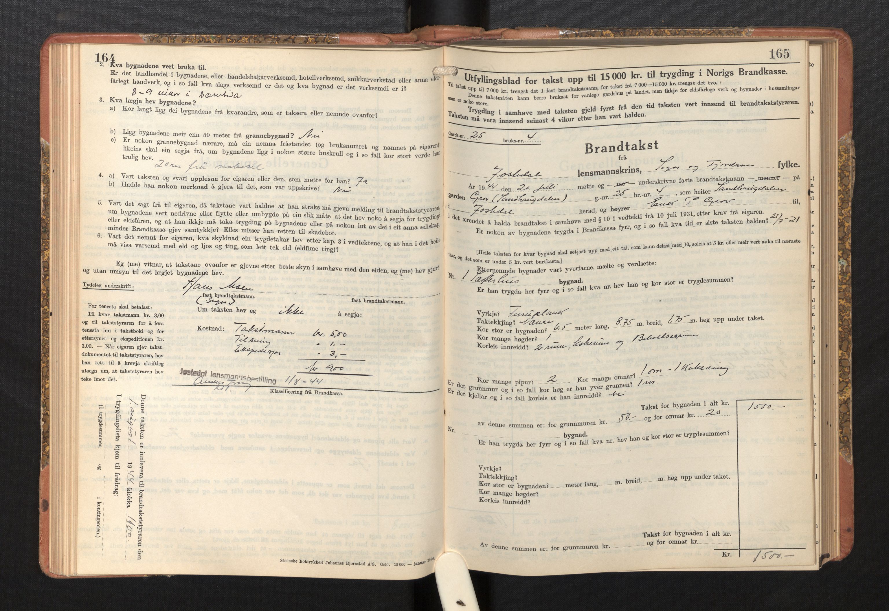 Lensmannen i Jostedal, AV/SAB-A-28601/0012/L0006: Branntakstprotokoll, skjematakst, 1936-1948, s. 164-165
