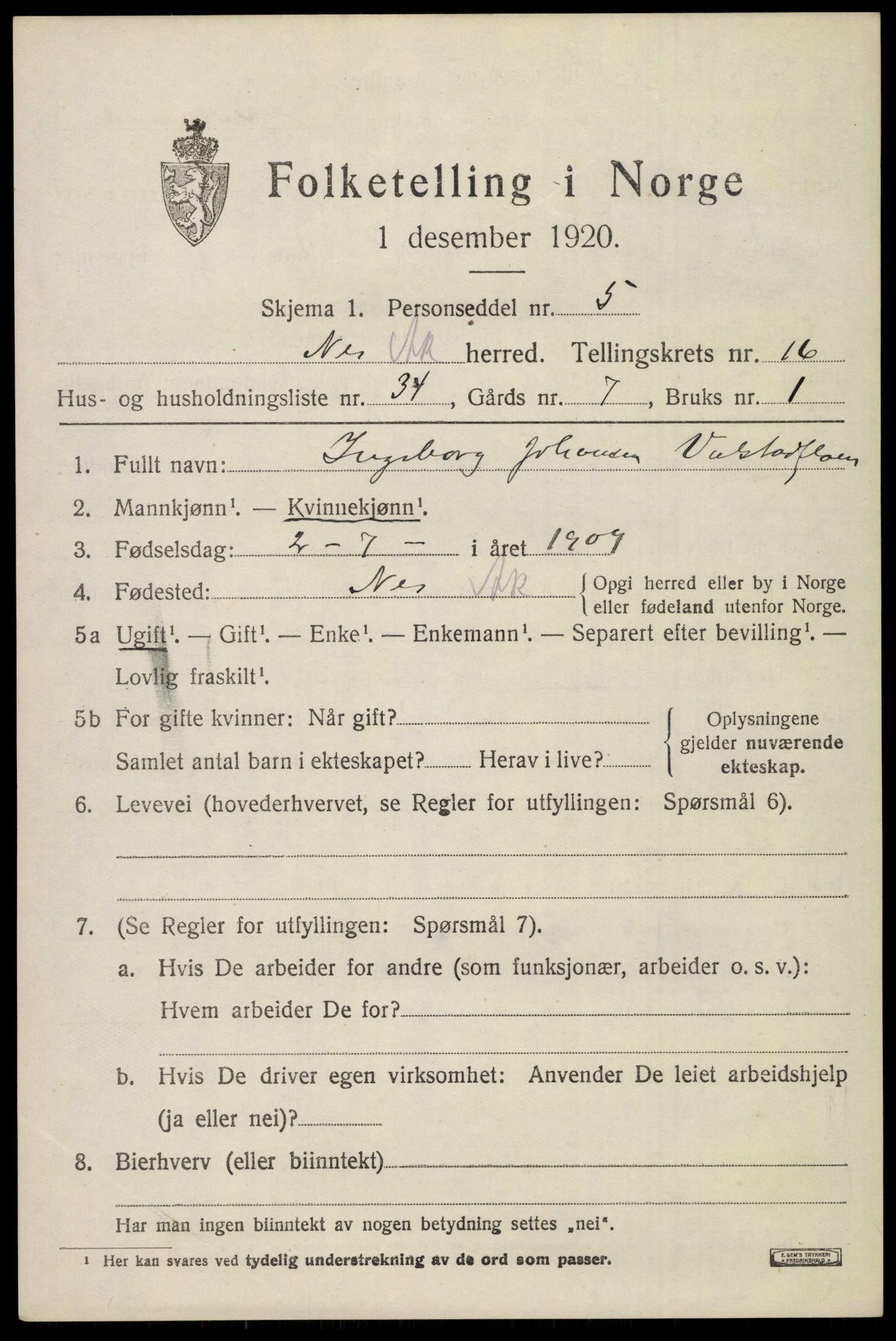 SAO, Folketelling 1920 for 0236 Nes herred, 1920, s. 16150