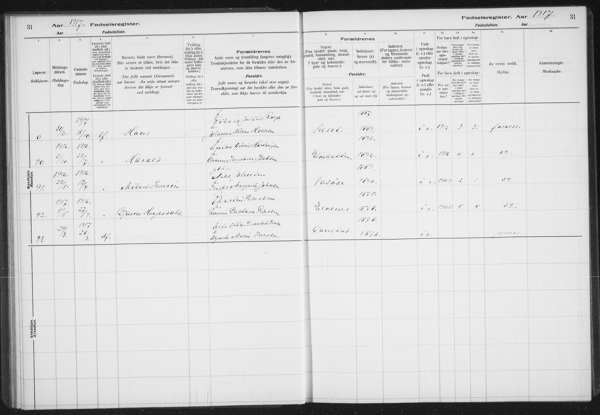 Ibestad sokneprestembete, AV/SATØ-S-0077/I/Ic/L0061: Fødselsregister nr. 61, 1917-1929, s. 31