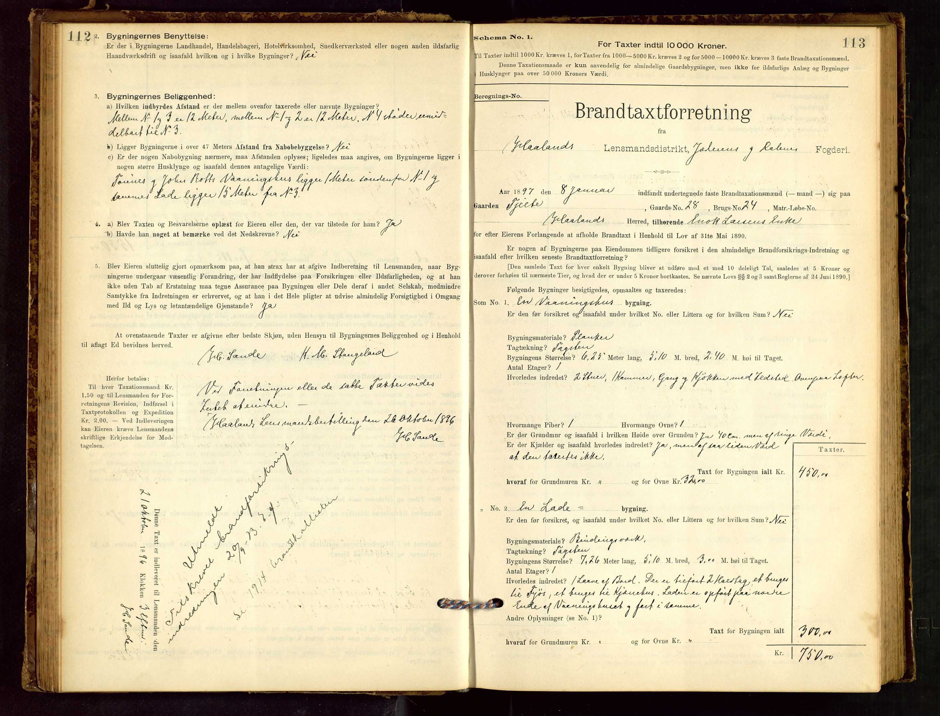 Håland lensmannskontor, SAST/A-100100/Gob/L0001: Branntakstprotokoll - skjematakst. Register i boken., 1894-1902, s. 112-113