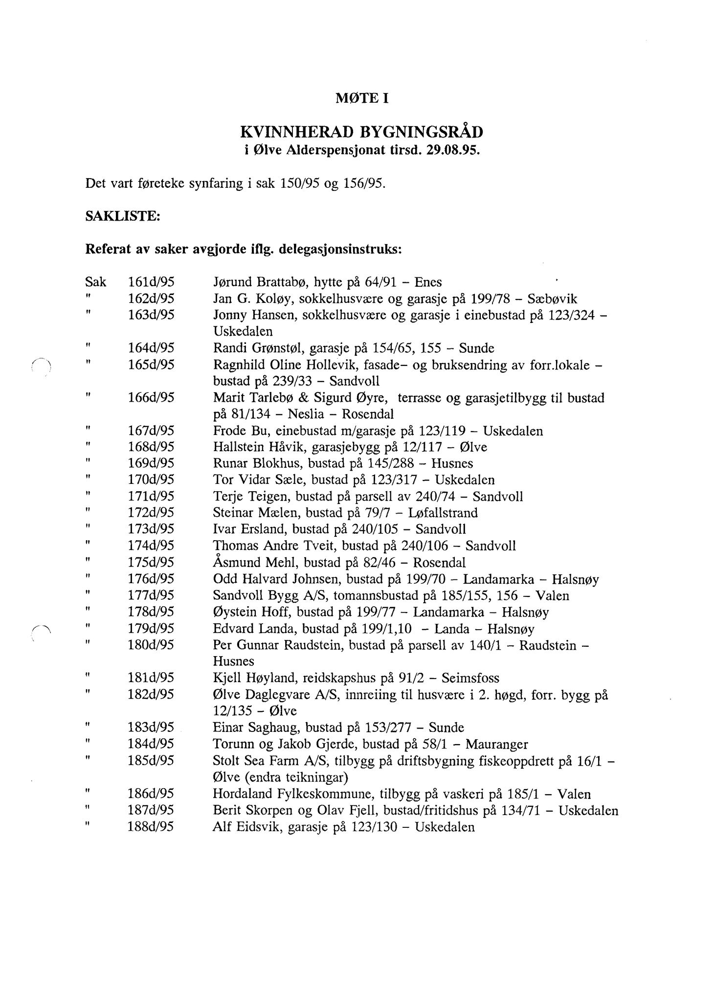 Kvinnherad kommune. Bygningsrådet , IKAH/1224-511/A/Aa/L0093: Møtebok for Kvinnherad bygningsråd, 1995