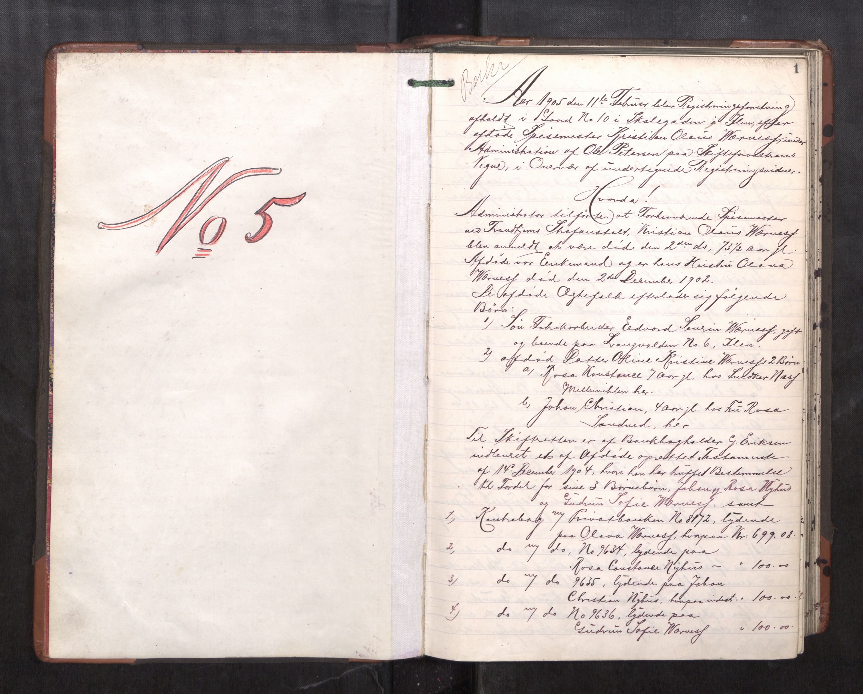 Trondheim byfogd, AV/SAT-A-0003/1/3/3C/L0023: Skifteregistreringsprotokoll - 11/2-15/5. (u/ register), 1905-1907, s. 1