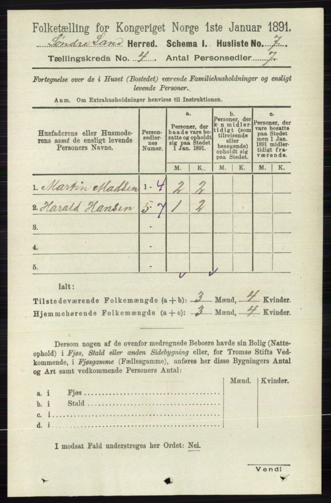 RA, Folketelling 1891 for 0536 Søndre Land herred, 1891, s. 3884