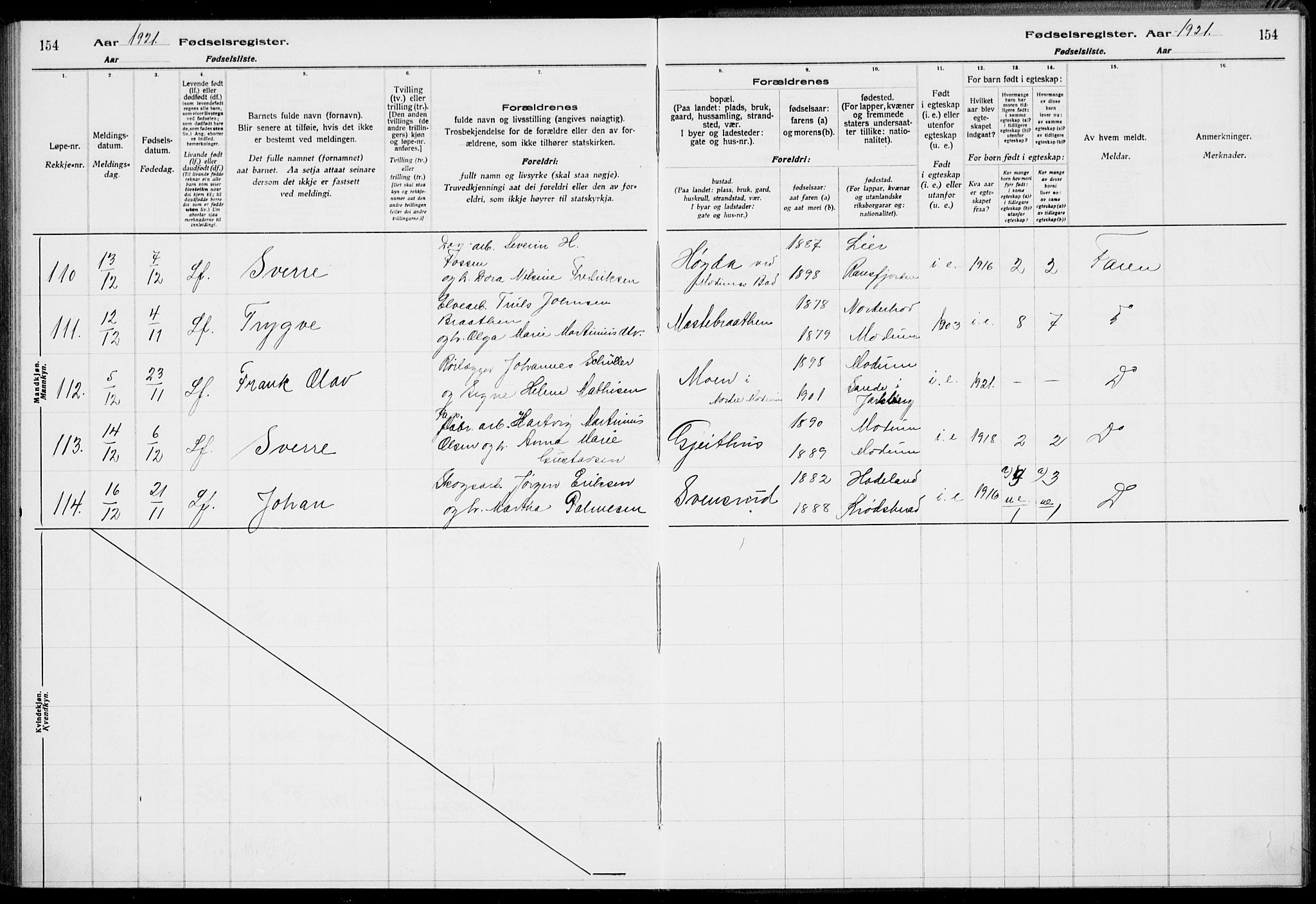 Modum kirkebøker, AV/SAKO-A-234/J/Ja/L0001: Fødselsregister nr. I 1, 1916-1923, s. 154