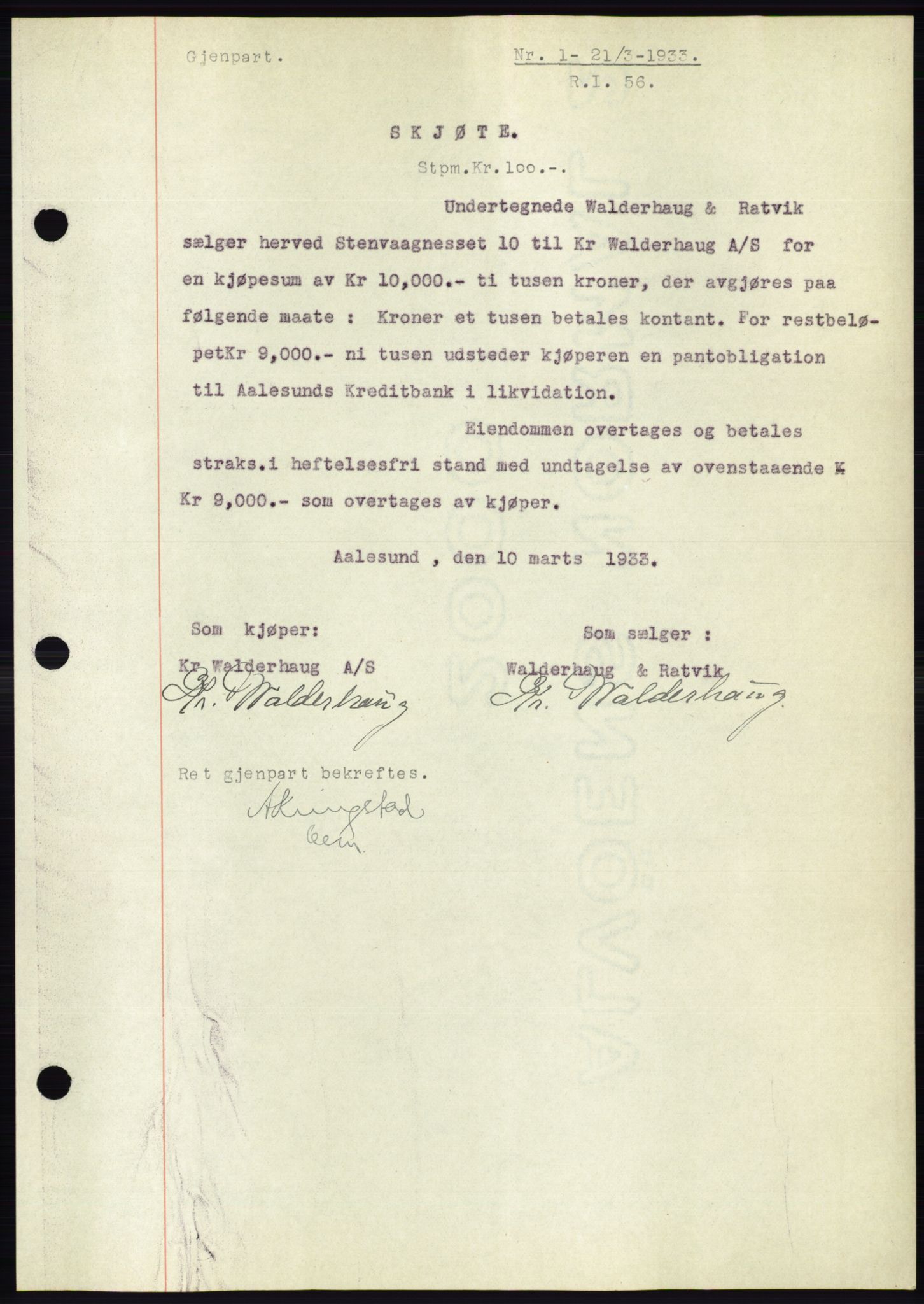 Ålesund byfogd, AV/SAT-A-4384: Pantebok nr. 30, 1932-1933, Tingl.dato: 21.03.1933