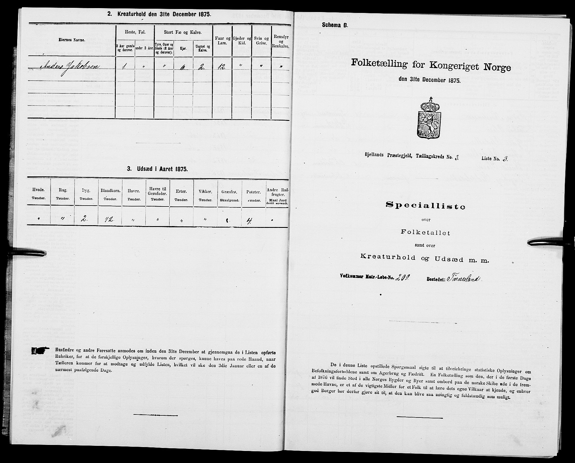 SAK, Folketelling 1875 for 1024P Bjelland prestegjeld, 1875, s. 270