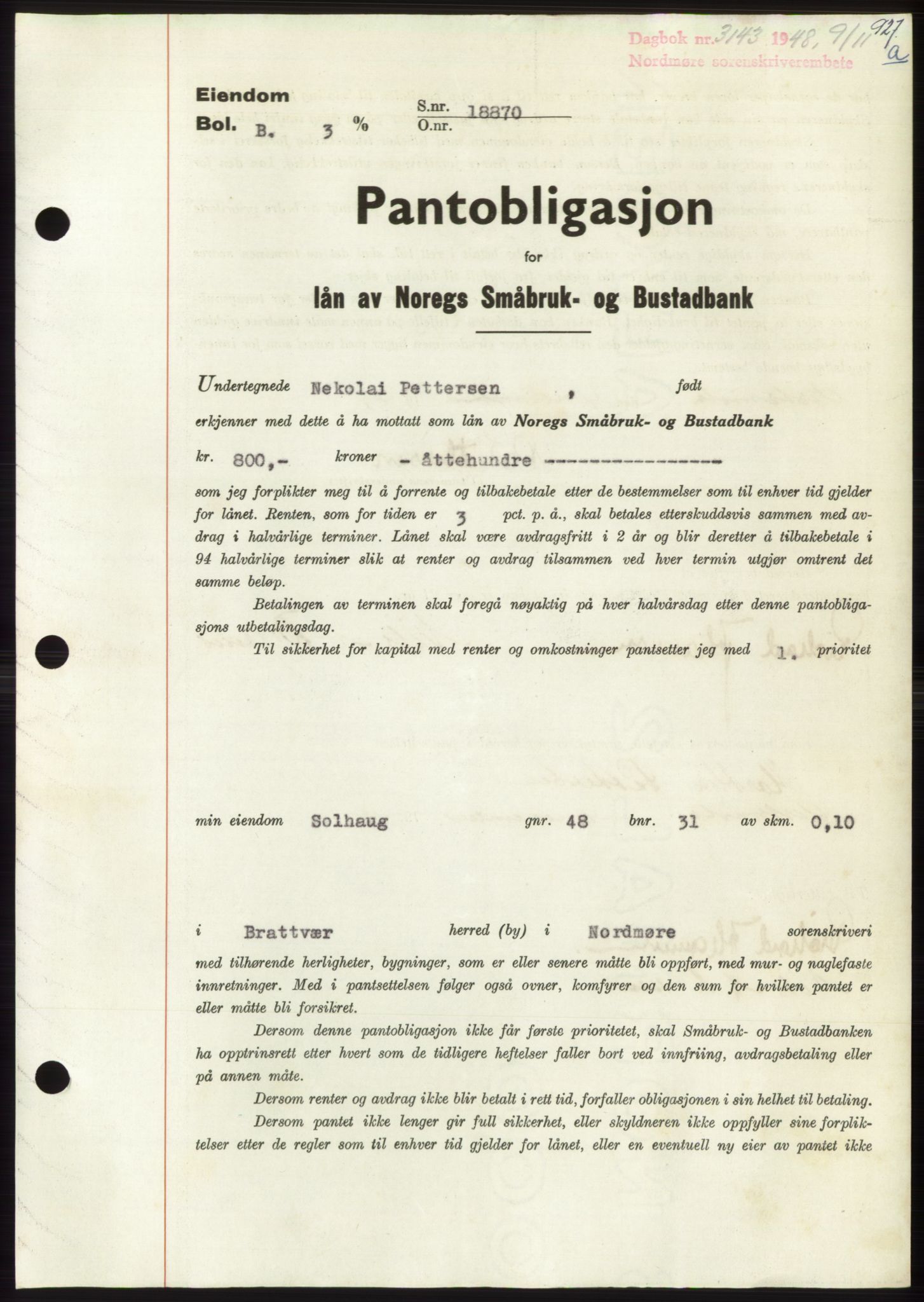 Nordmøre sorenskriveri, SAT/A-4132/1/2/2Ca: Pantebok nr. B99, 1948-1948, Dagboknr: 3143/1948
